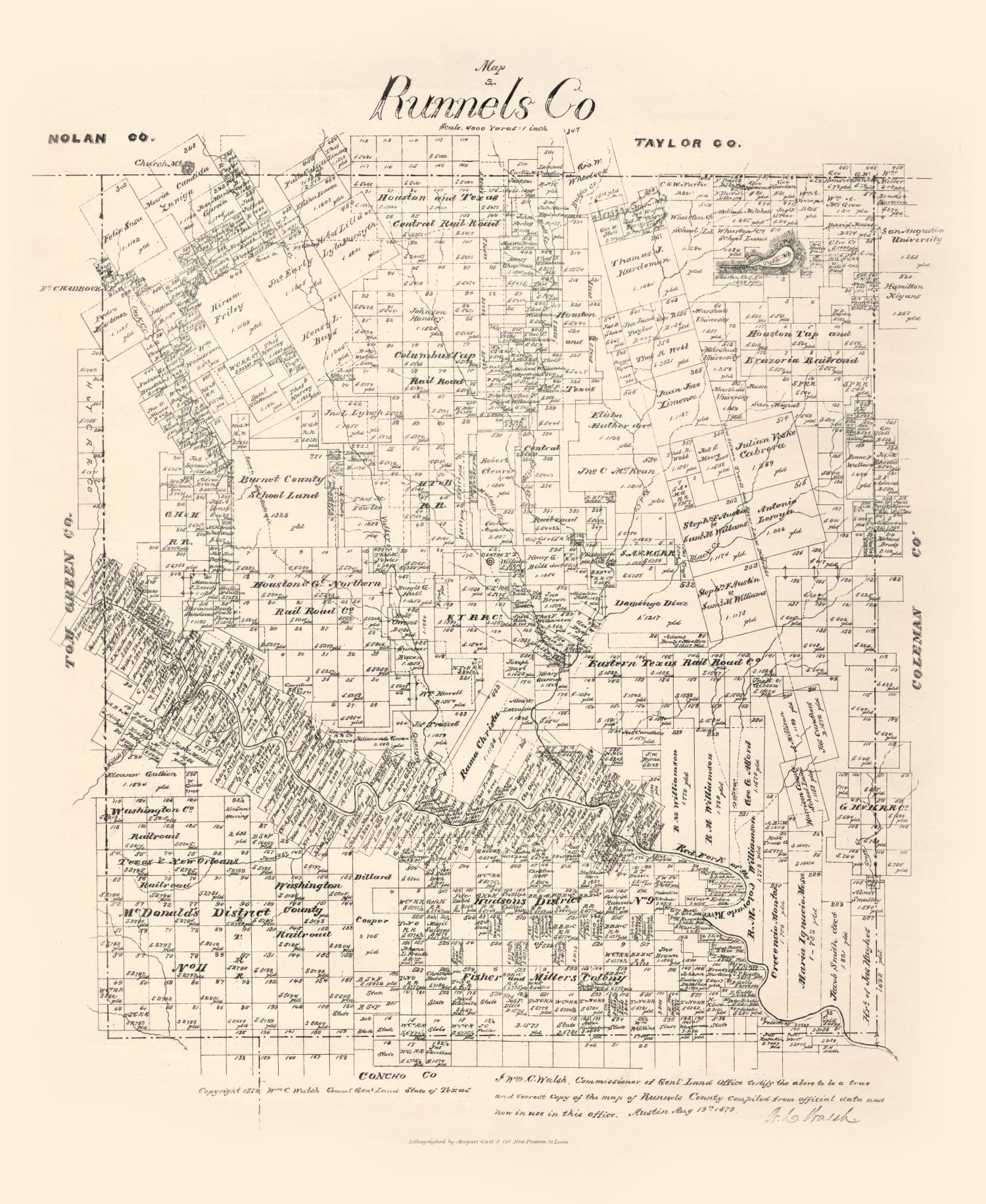 Vintage Map of Runnels County, Texas 1879
