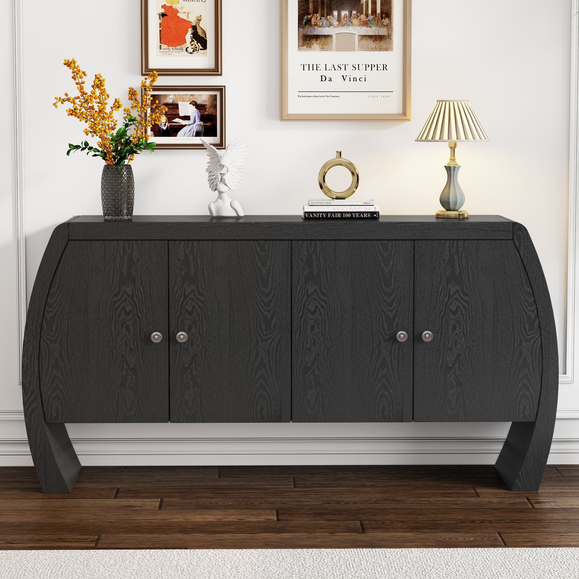U-Style Four-Door Ash Veneer Storage Cabinet with Curved Legs, Perfectly Suited for Hallways, Entrances, and Living Rooms