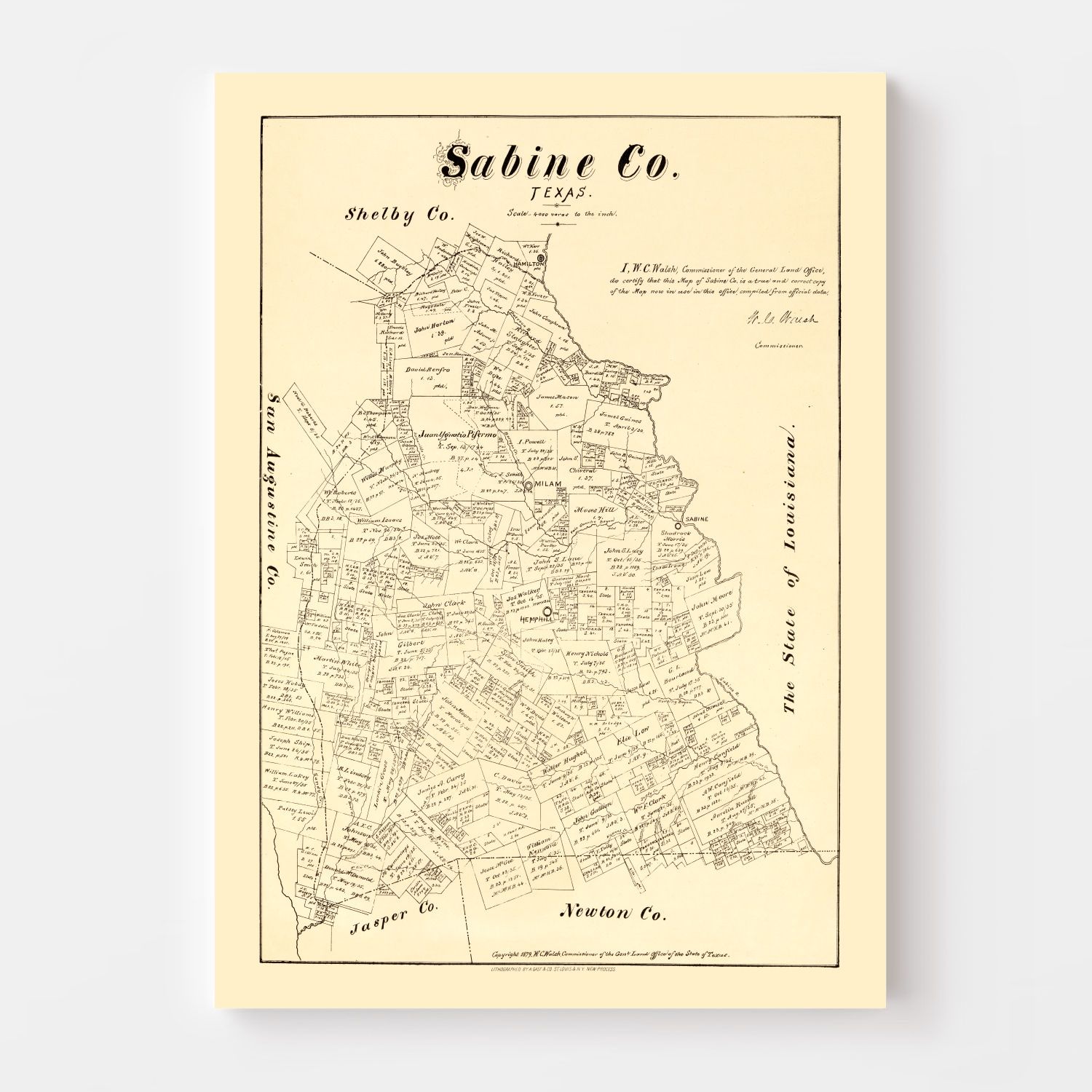 Vintage Map of Sabine County, Texas 1879