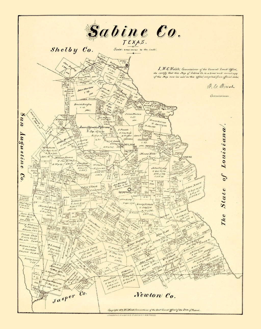 Vintage Map of Sabine County, Texas 1879