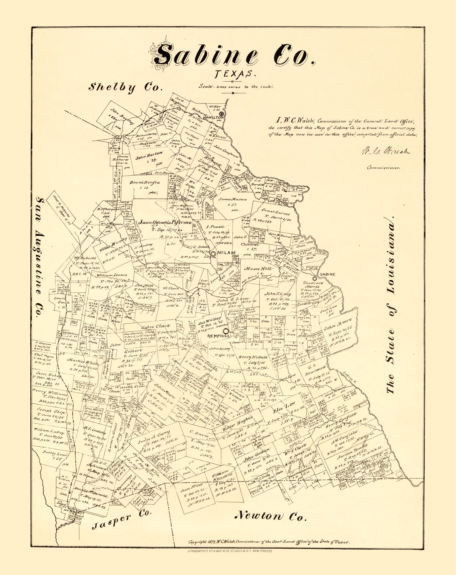 Vintage Map of Sabine County, Texas 1879