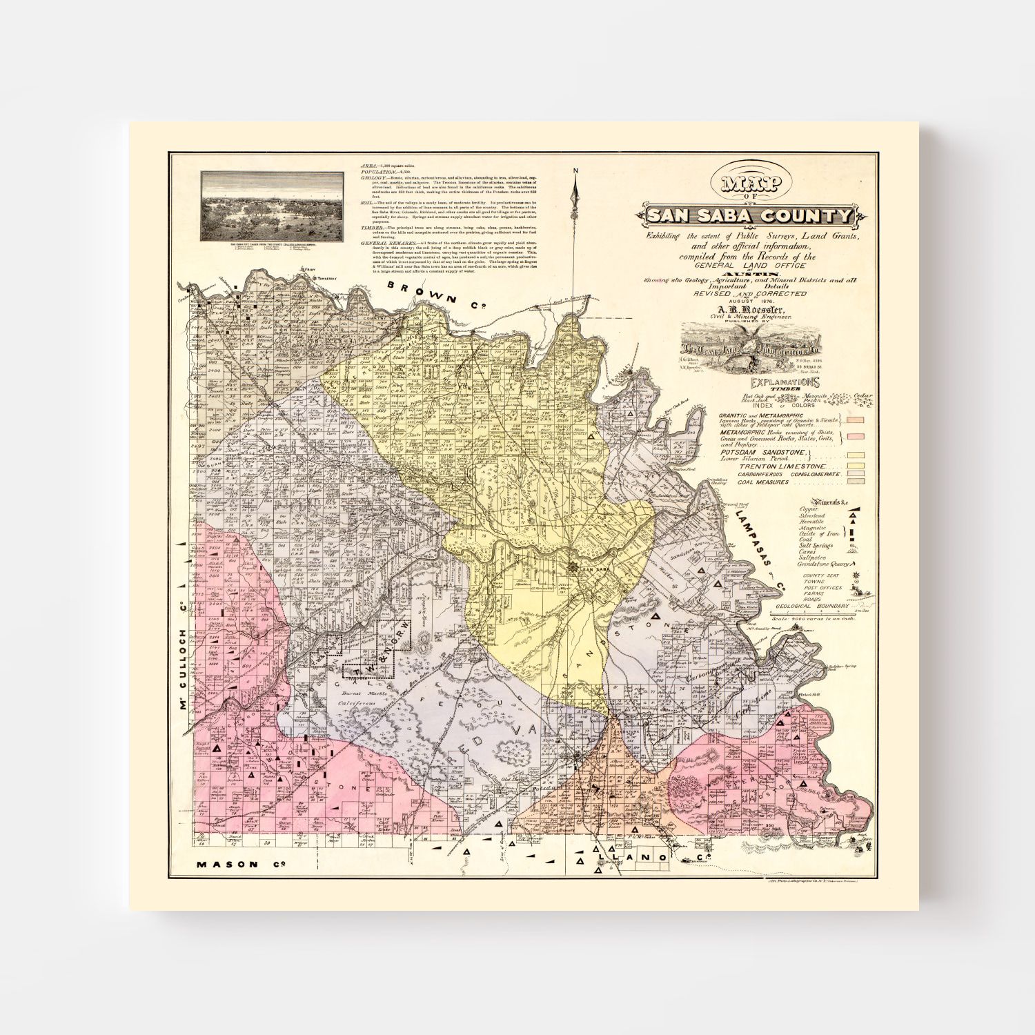 Vintage Map of San Saba County, Texas 1876