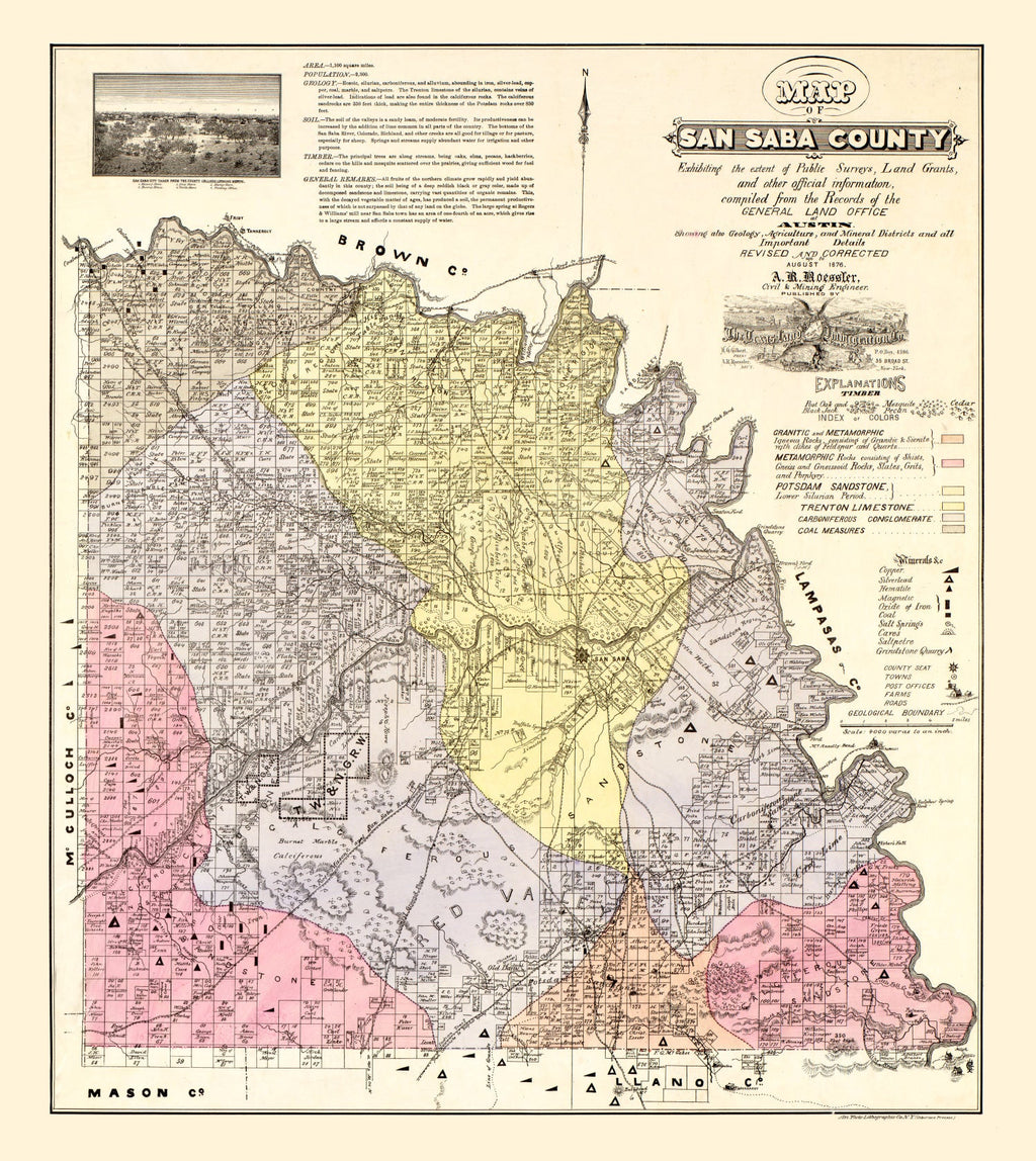 Vintage Map of San Saba County, Texas 1876