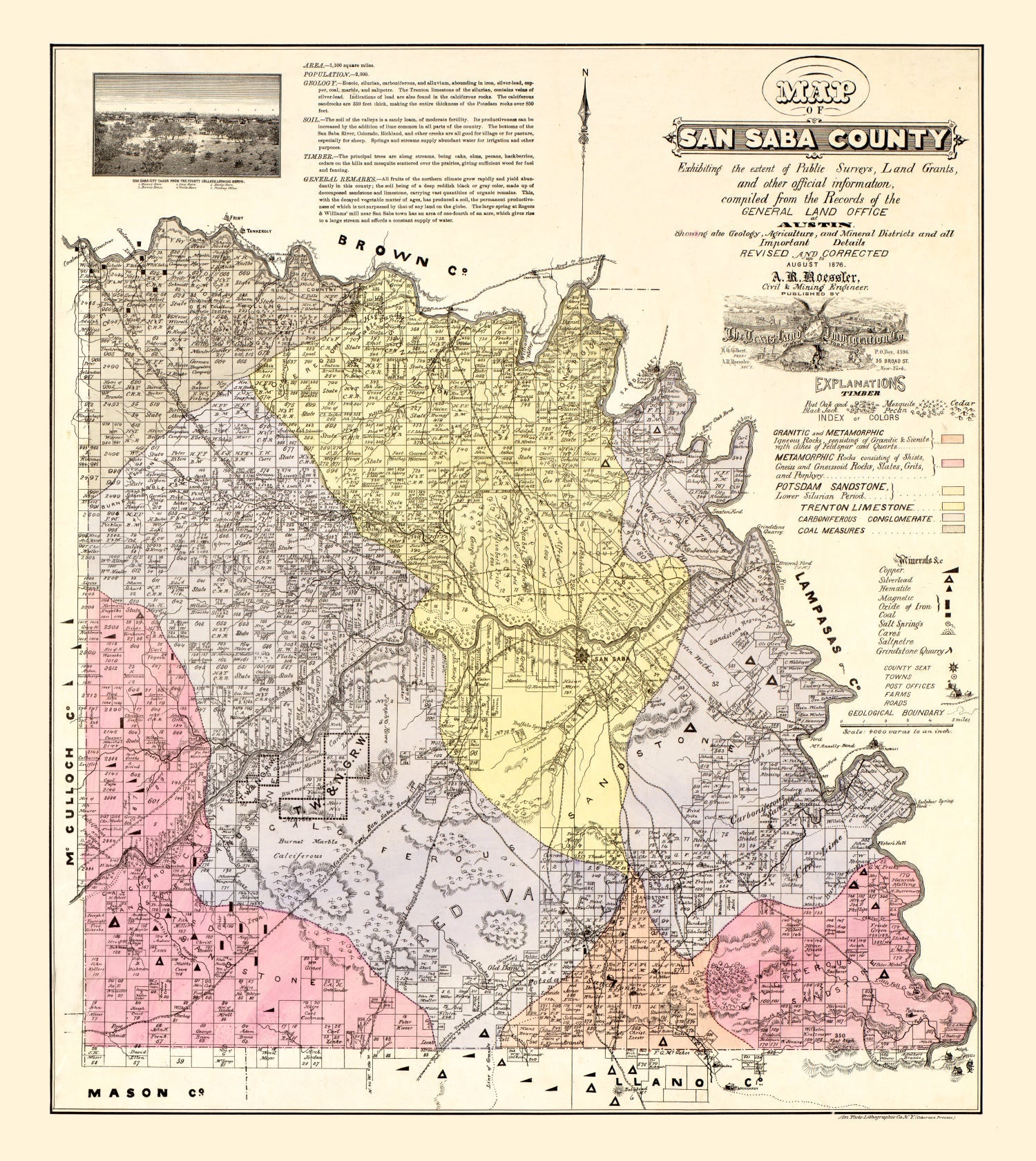 Vintage Map of San Saba County, Texas 1876