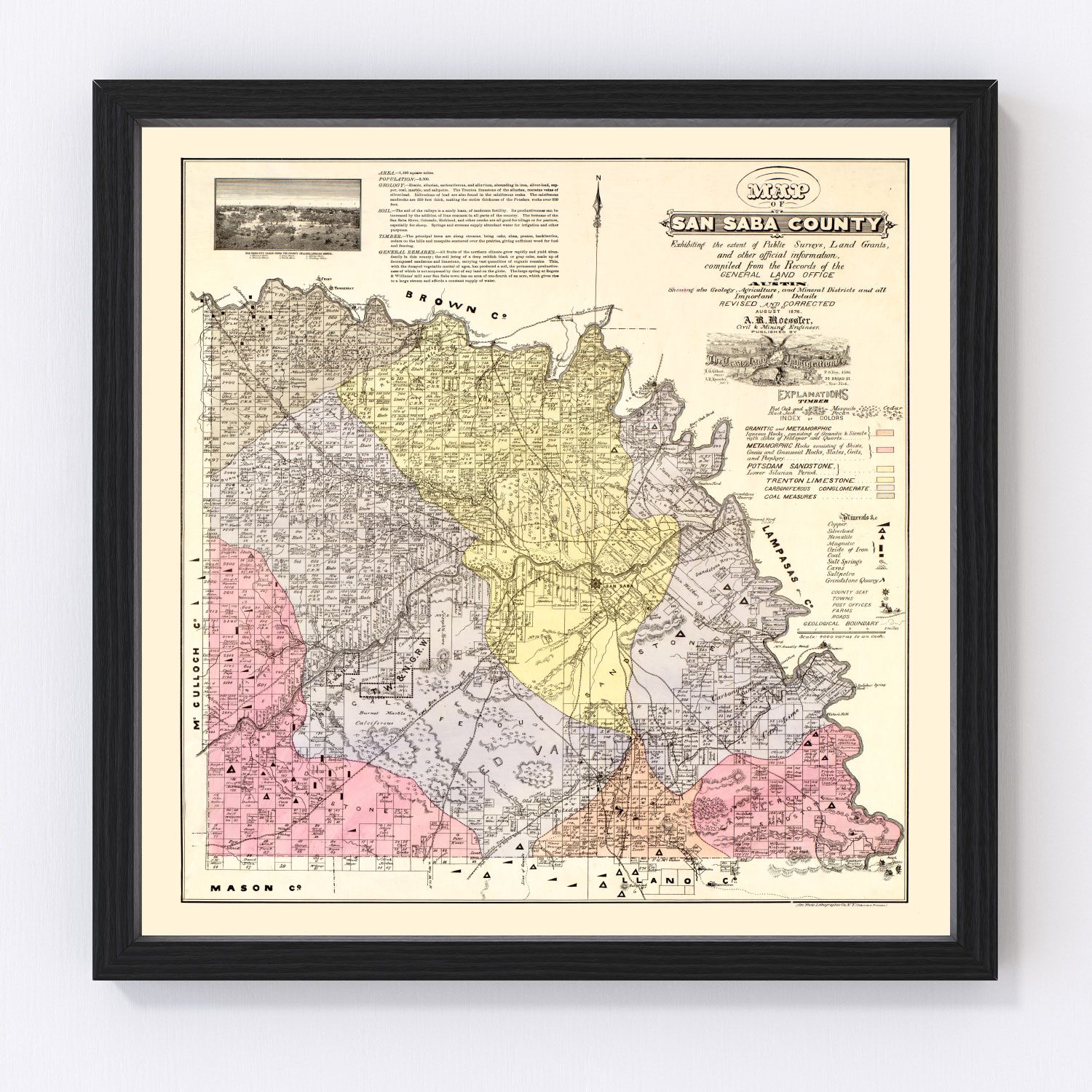 Vintage Map of San Saba County, Texas 1876