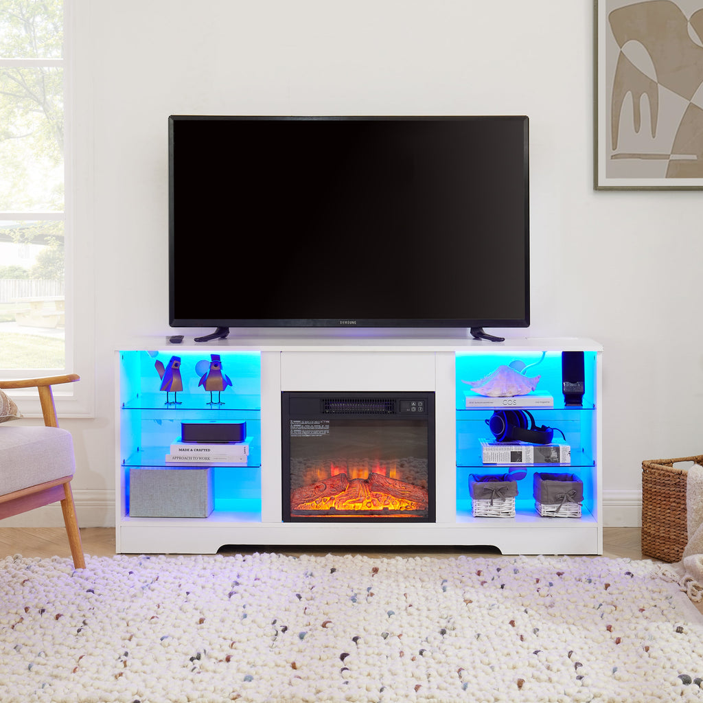 TV Stand Electric Fireplace  Glass Shelves, 3D Fireplace TV Stand with LED Lights Wood with USB Charging Outlet Modern Television Table Center for TV up to 62' White, 58''W*15.5''D*24.4