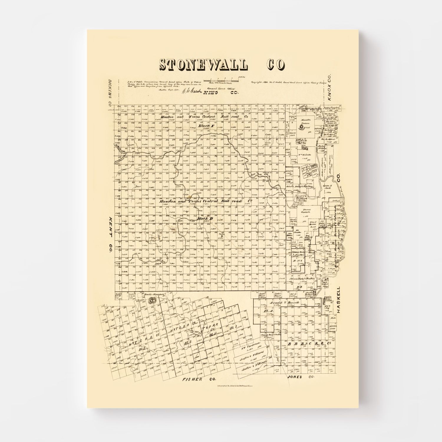 Vintage Map of Stonewall County, Texas 1880