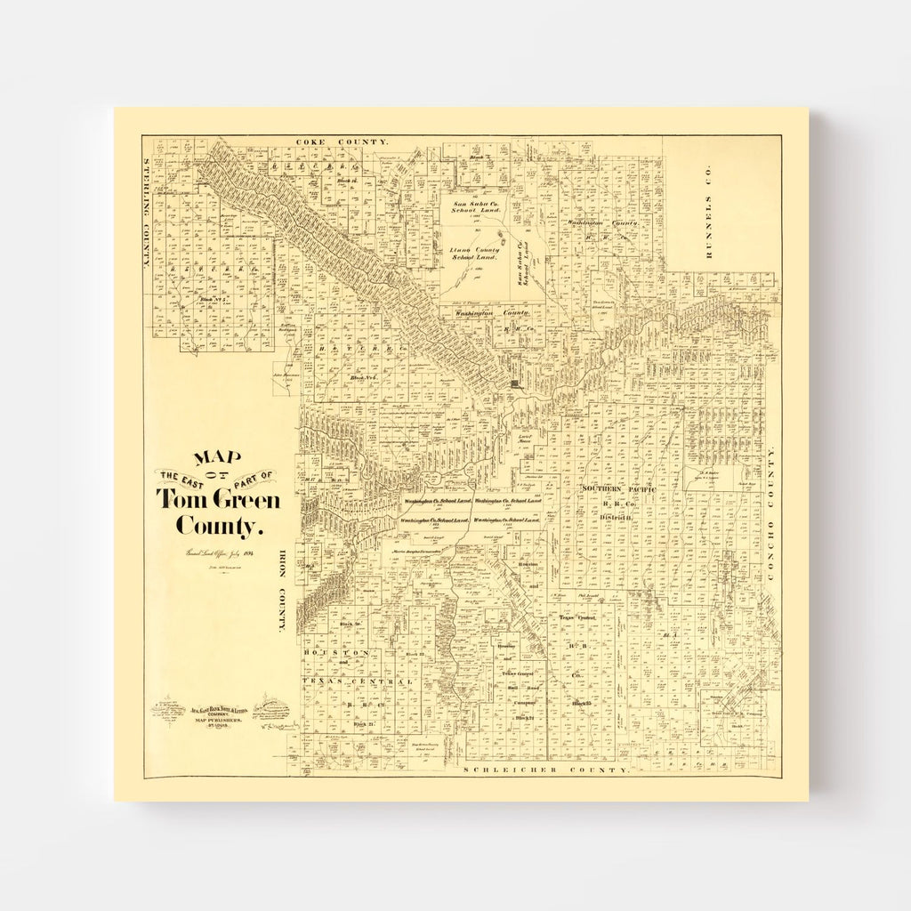 Vintage Map of Tom Green County, Texas 1893