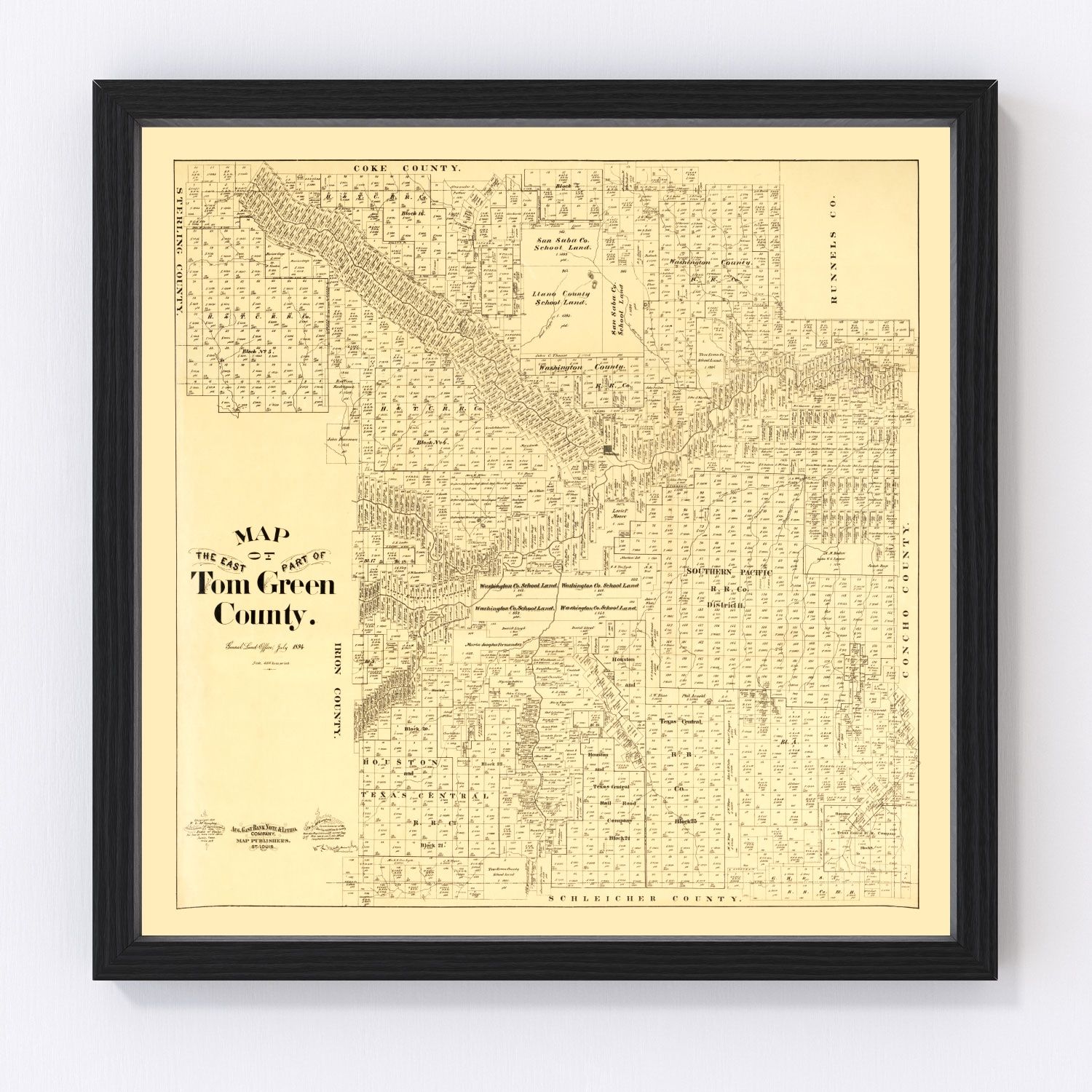 Vintage Map of Tom Green County, Texas 1893