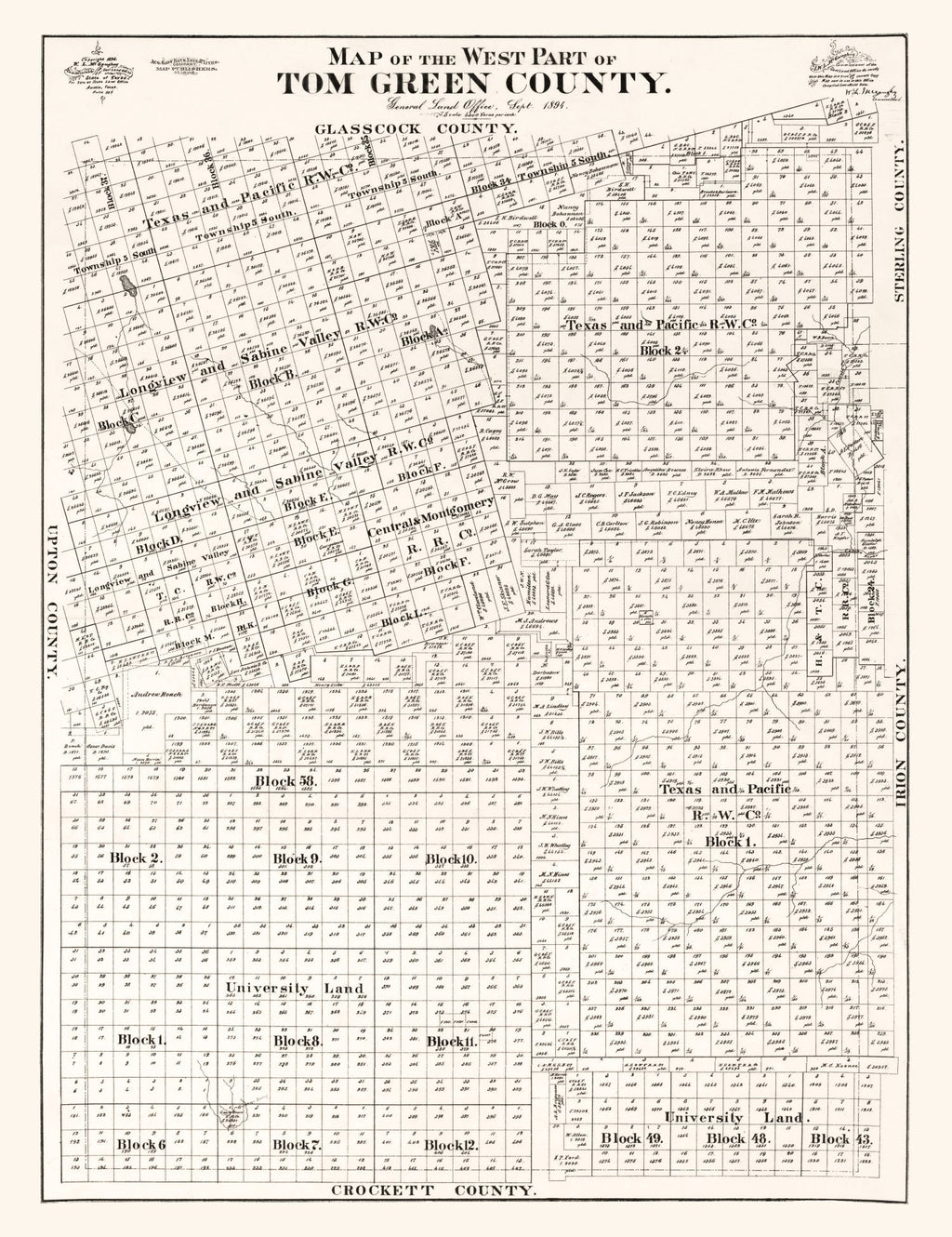 Vintage Map of Tom Green County, Texas 1894