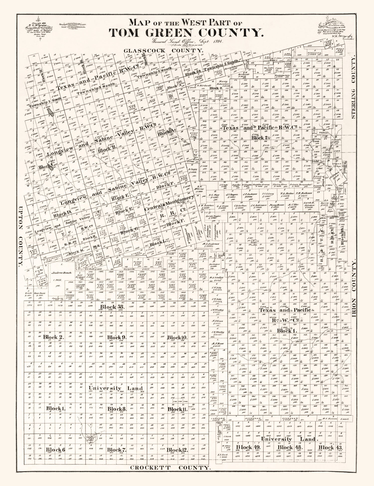 Vintage Map of Tom Green County, Texas 1894