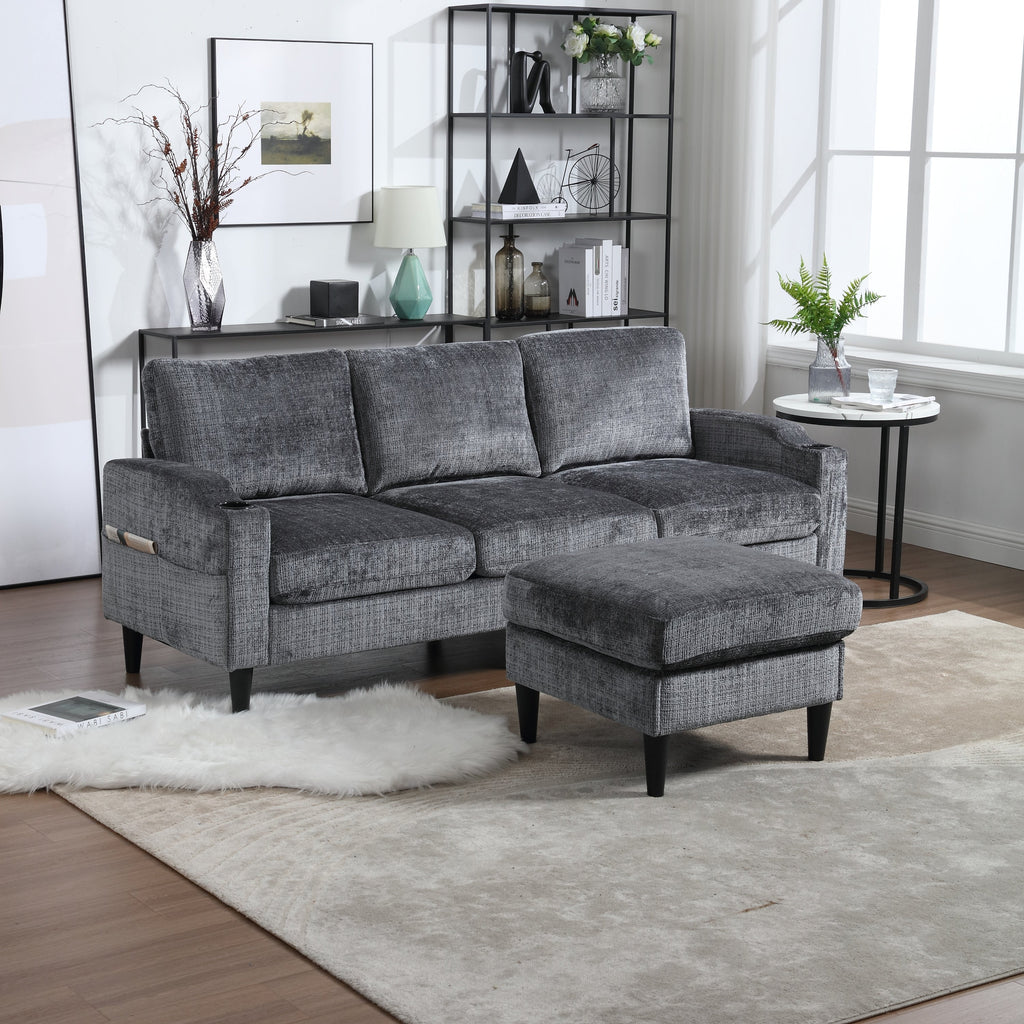 UNITED  WE WIN Sofa for three, solid wood frame, Chenille fabric, side pocket, with two cup holders, footstool with storagestorage sofa /Living room sofa cozy sectional  sofa