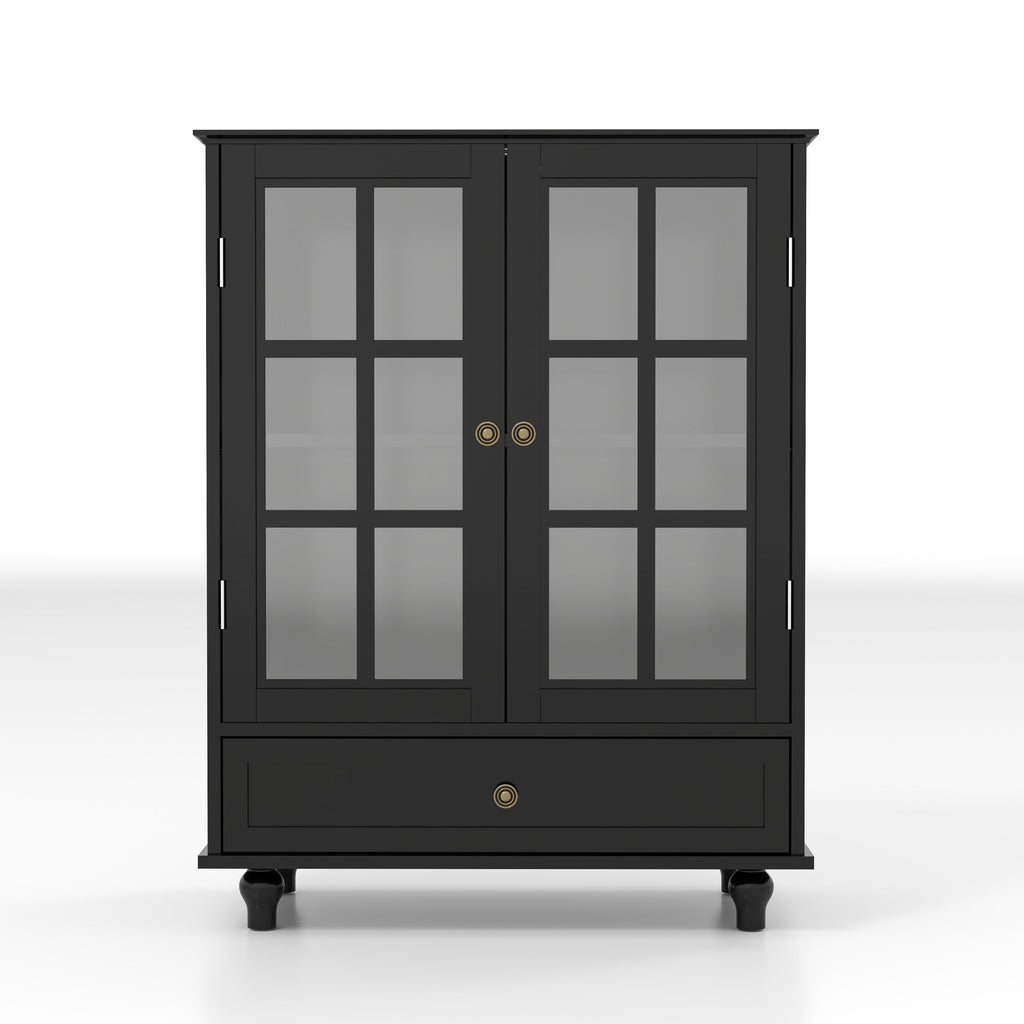 Minimalist Buffet Cabinet with Double Glass Doors and Drawer, Modern Wooden Storage Sideboard in Black