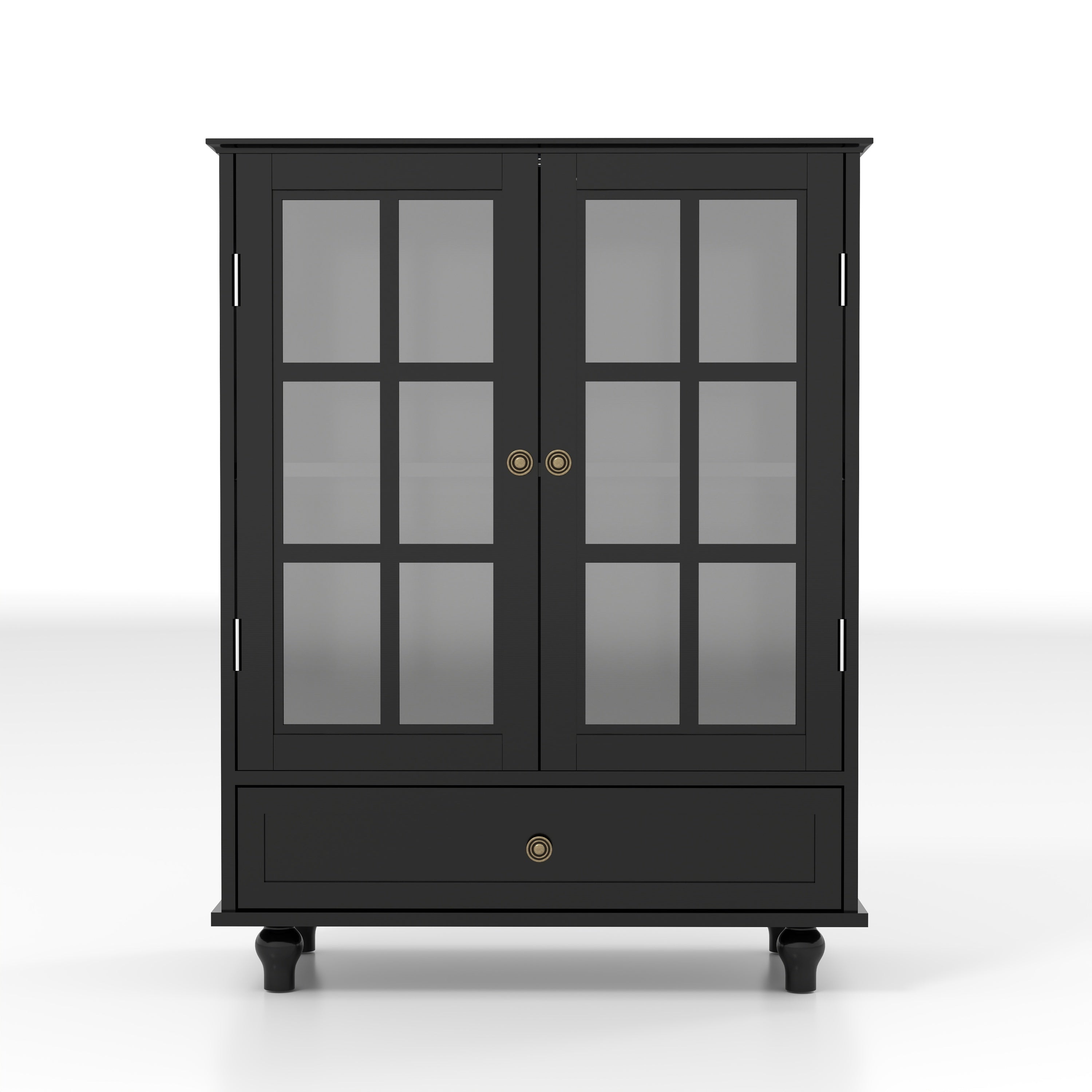 Minimalist Buffet Cabinet with Double Glass Doors and Drawer, Modern Wooden Storage Sideboard in Black