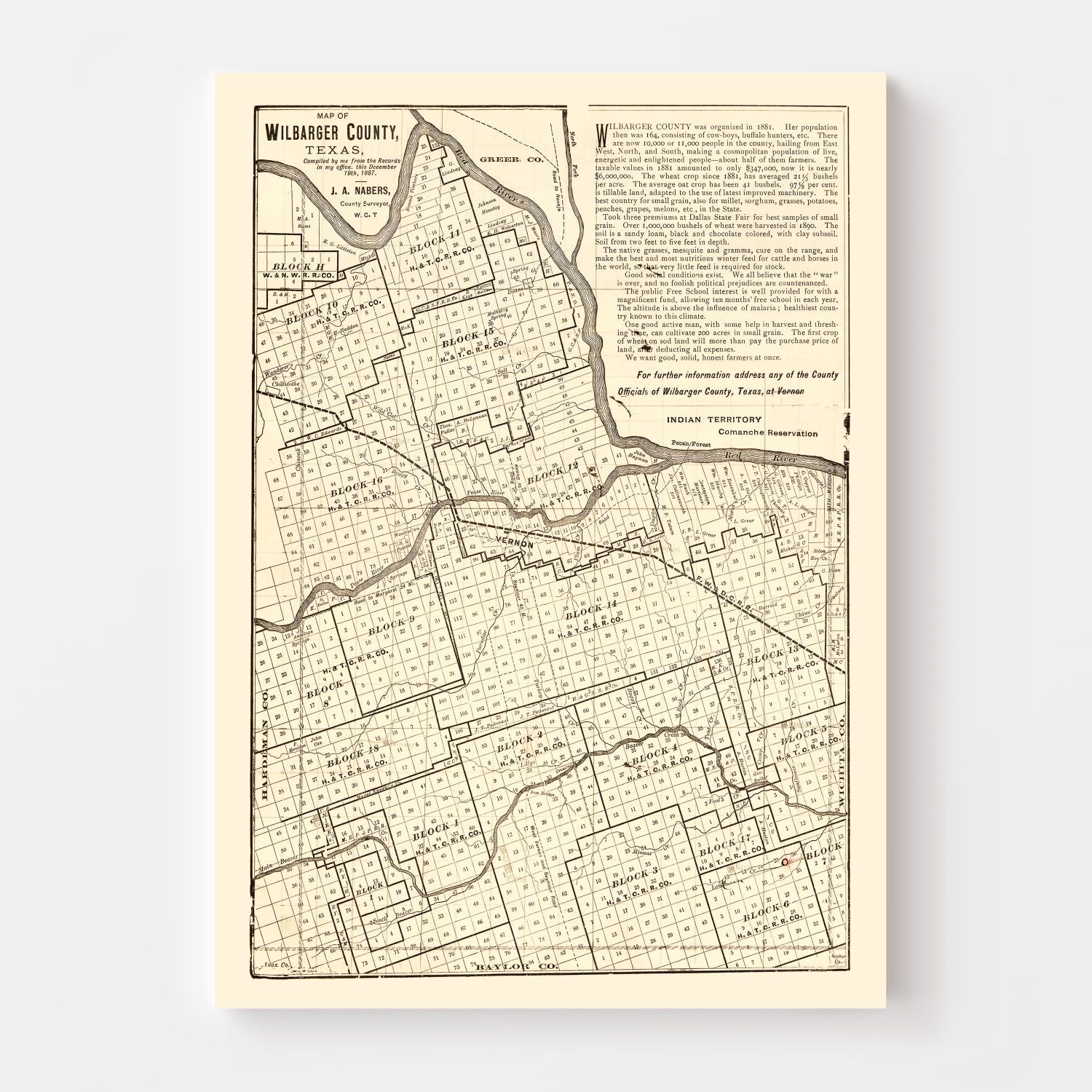 Vintage Map of Wilbarger County, Texas 1887