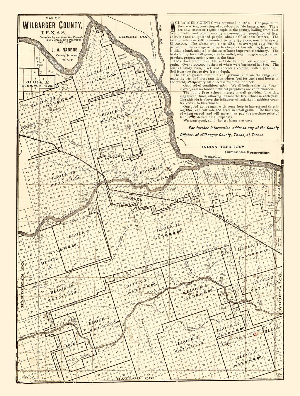 Vintage Map of Wilbarger County, Texas 1887