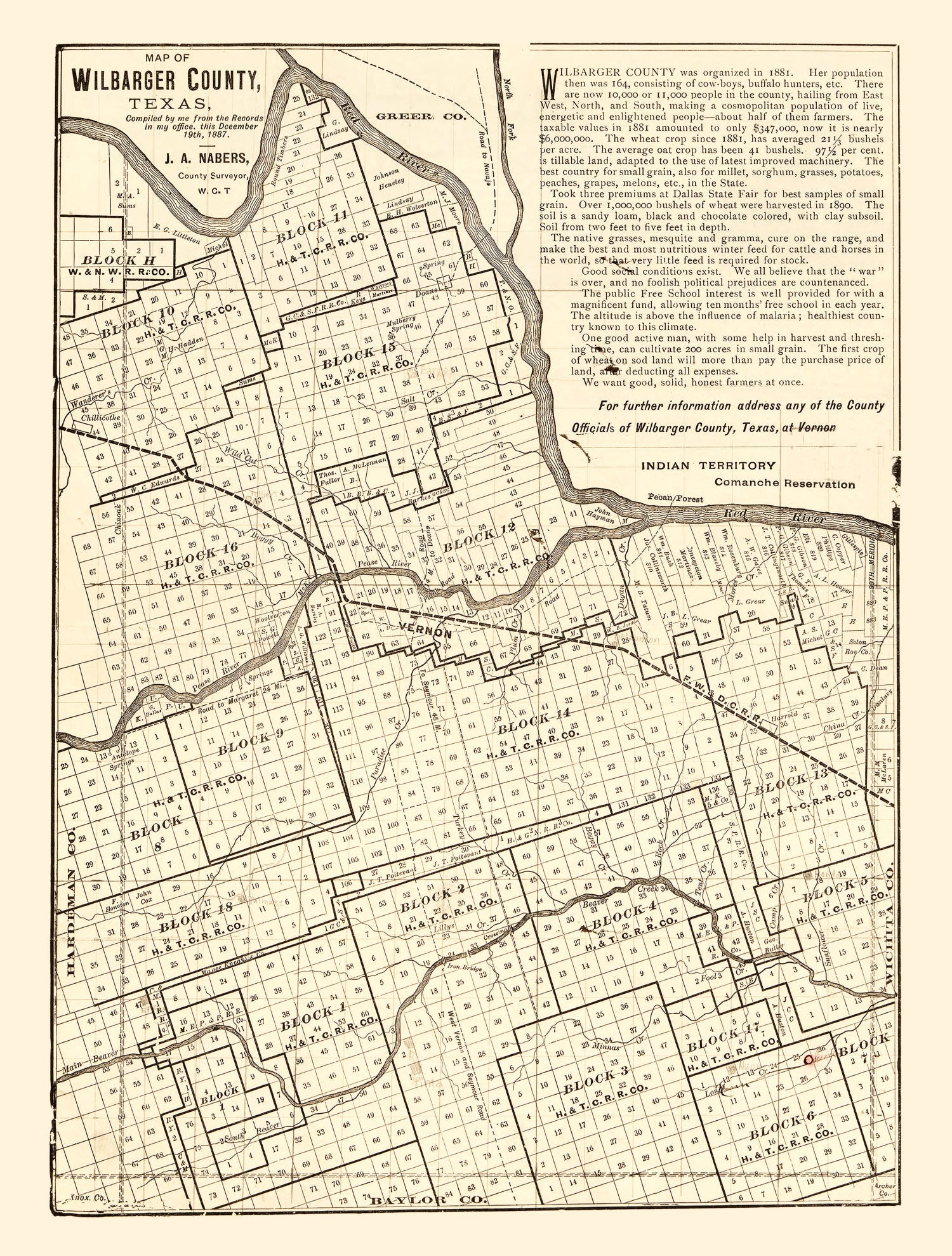 Vintage Map of Wilbarger County, Texas 1887