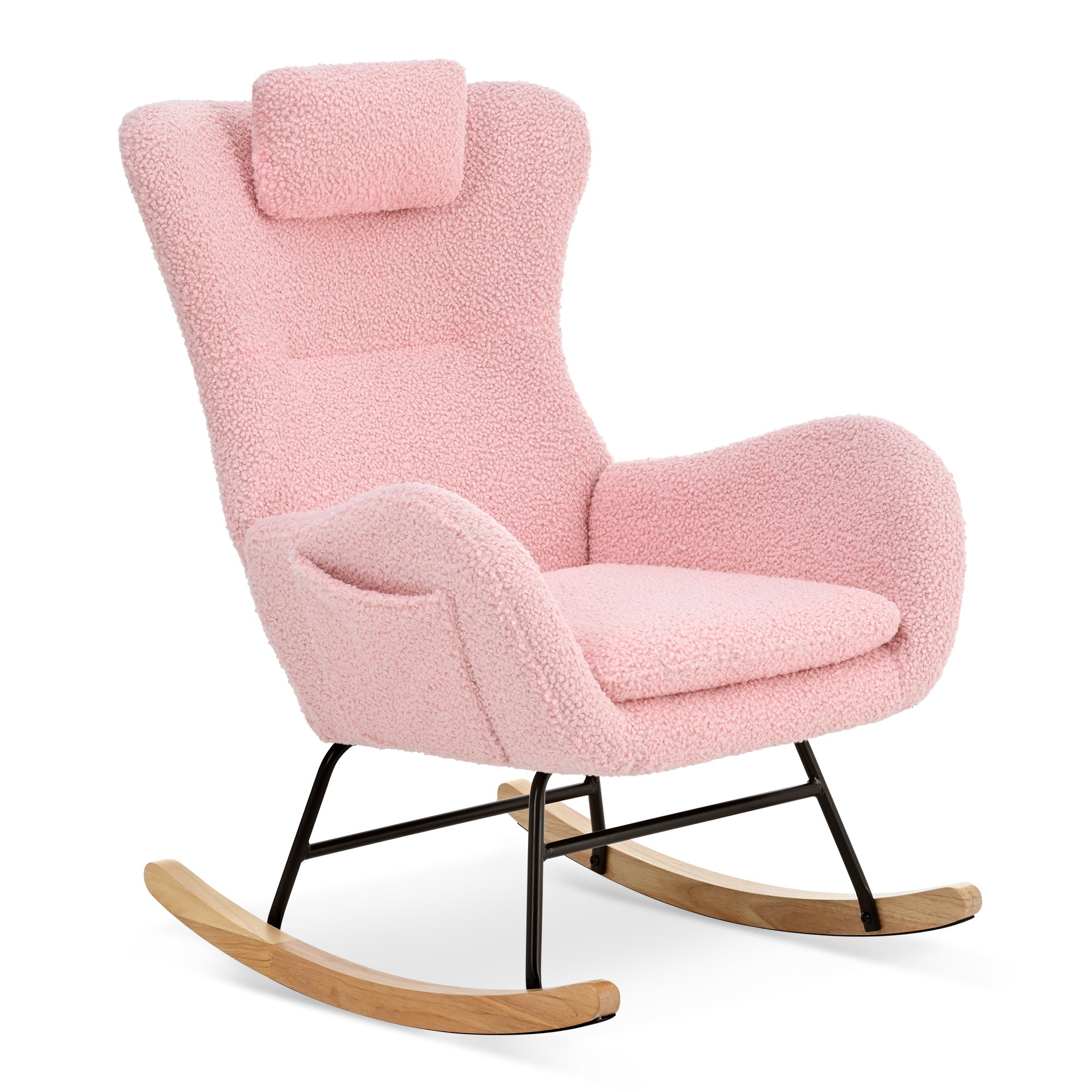 Rocking Chair Nursery, Teddy Upholstered Rocker Glider Chair with High Backrest, Adjustable Headrest & Pocket, Comfy Glider Chair for Nursery, Bedroom, Living Room, Offices, Rubber wood, pink