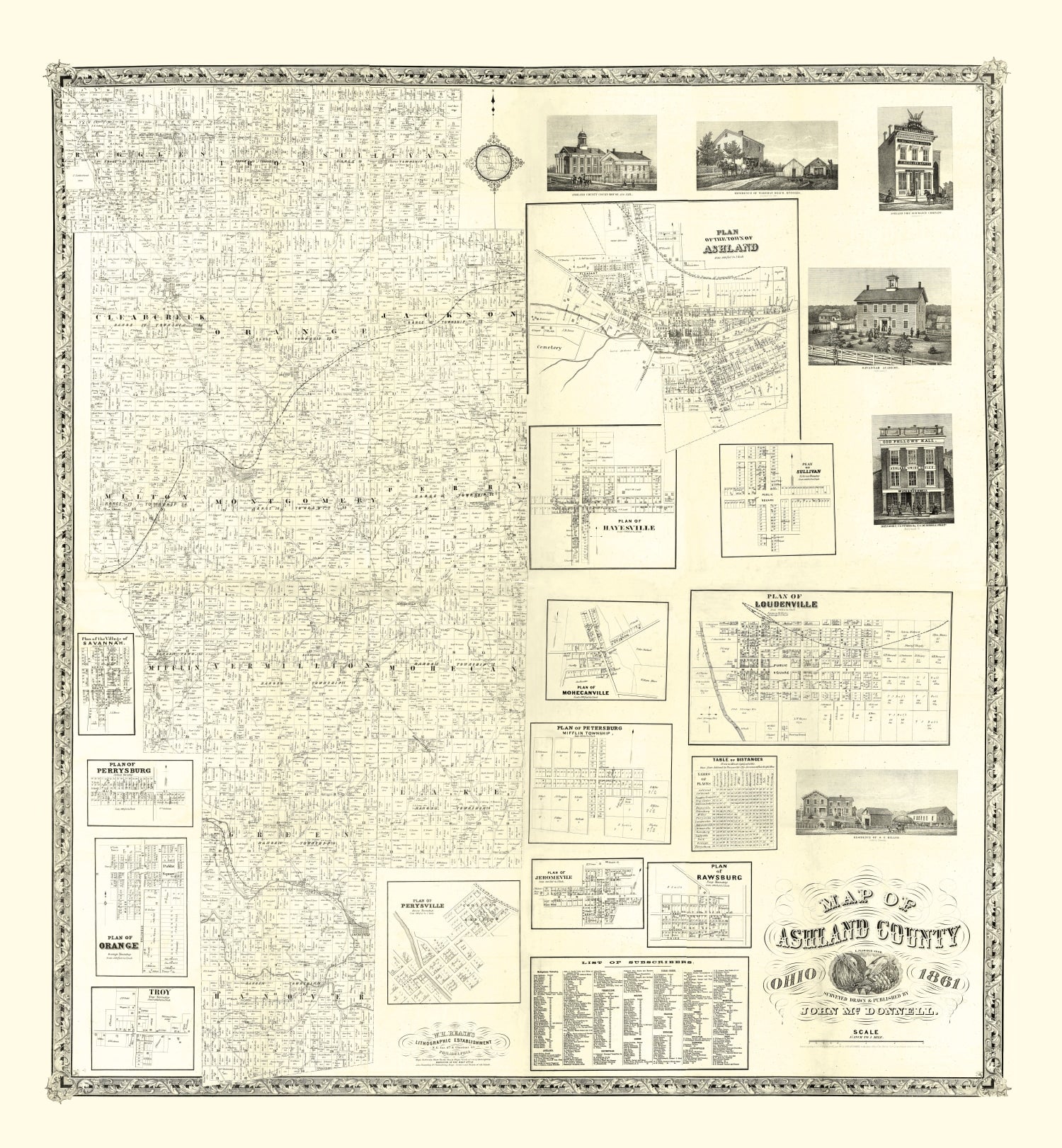 Vintage Map of Ashland County, Ohio 1861