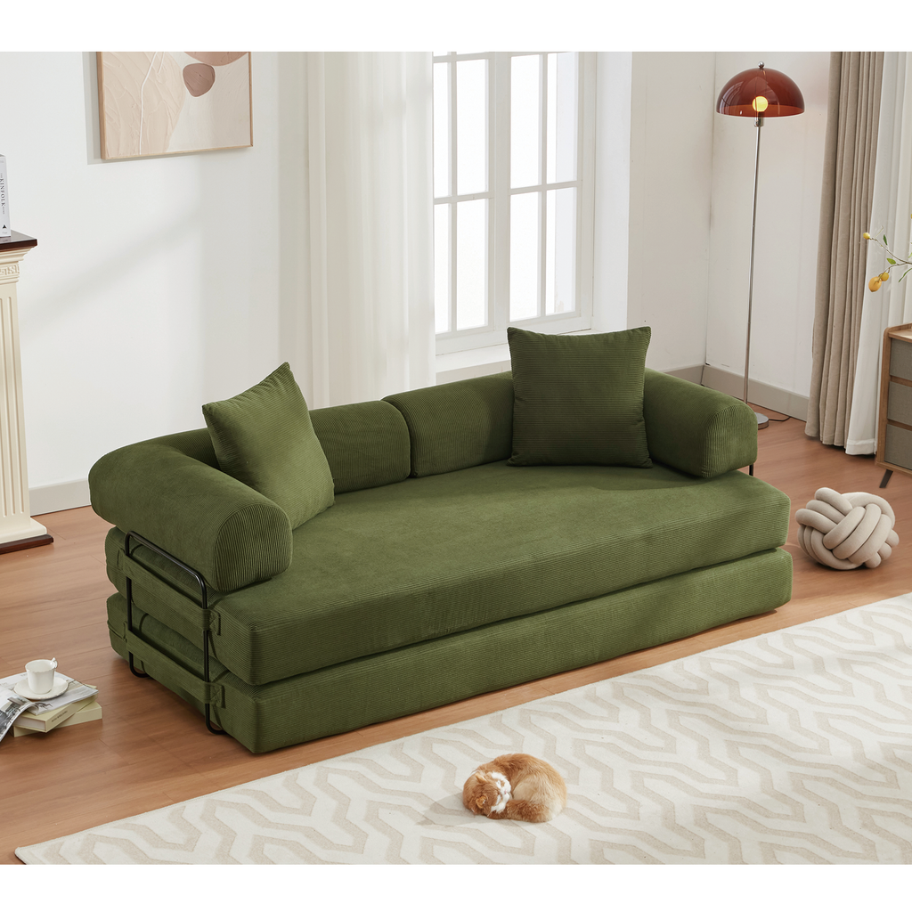 [NEW ARRIVED] [VIDEO PROVIDED] 78.5' Folding Convertible Out Sleeper Sofa Bed,4-in-1 DIY Combination Convertible  Sofa, 3 seat, Folding Sleeper Sofa, King Size , Bedroom,Apartment,Corduroy,Green