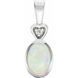 14K White Gold Natural White Opal & .02 CT Natural Diamond Bezel-Set Pendant