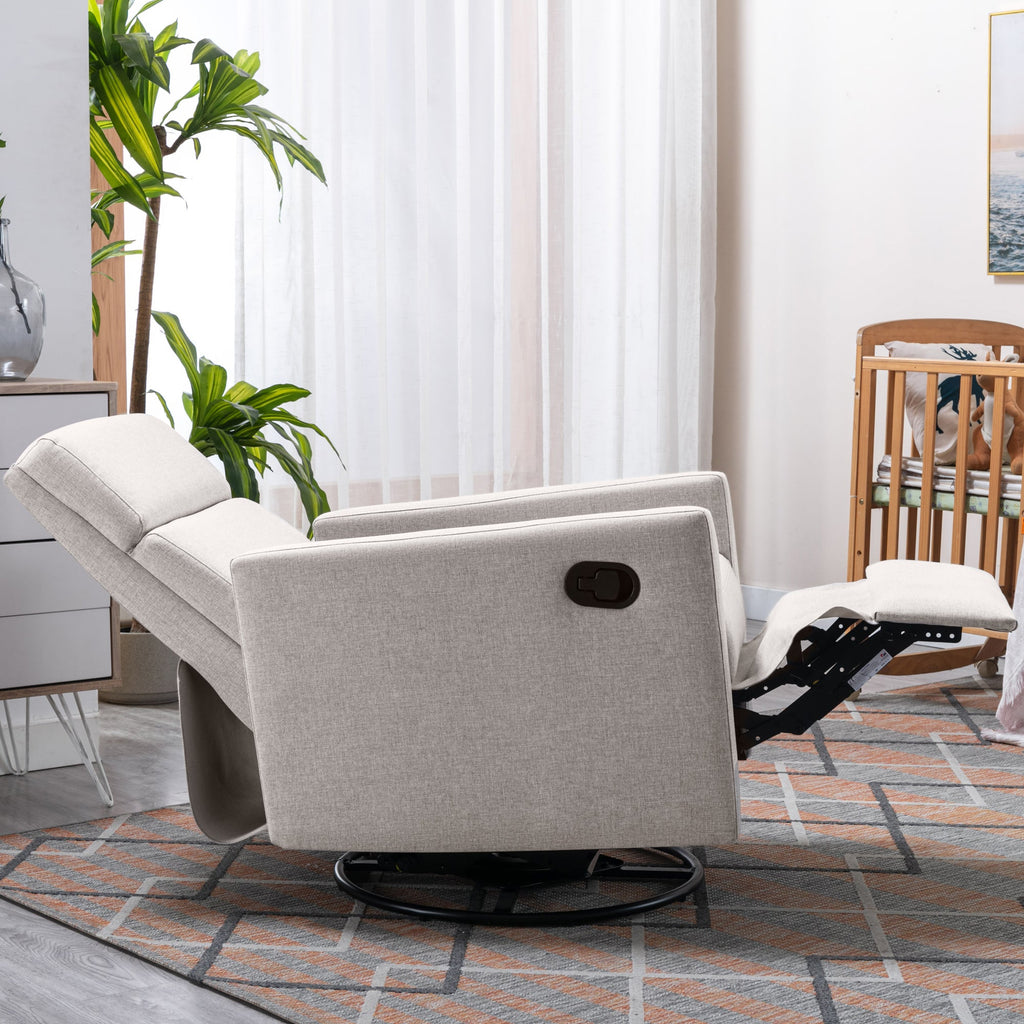Modern Upholstered Rocker Nursery Chair with Plush Seating, Tan Linen, Swivel Recliner