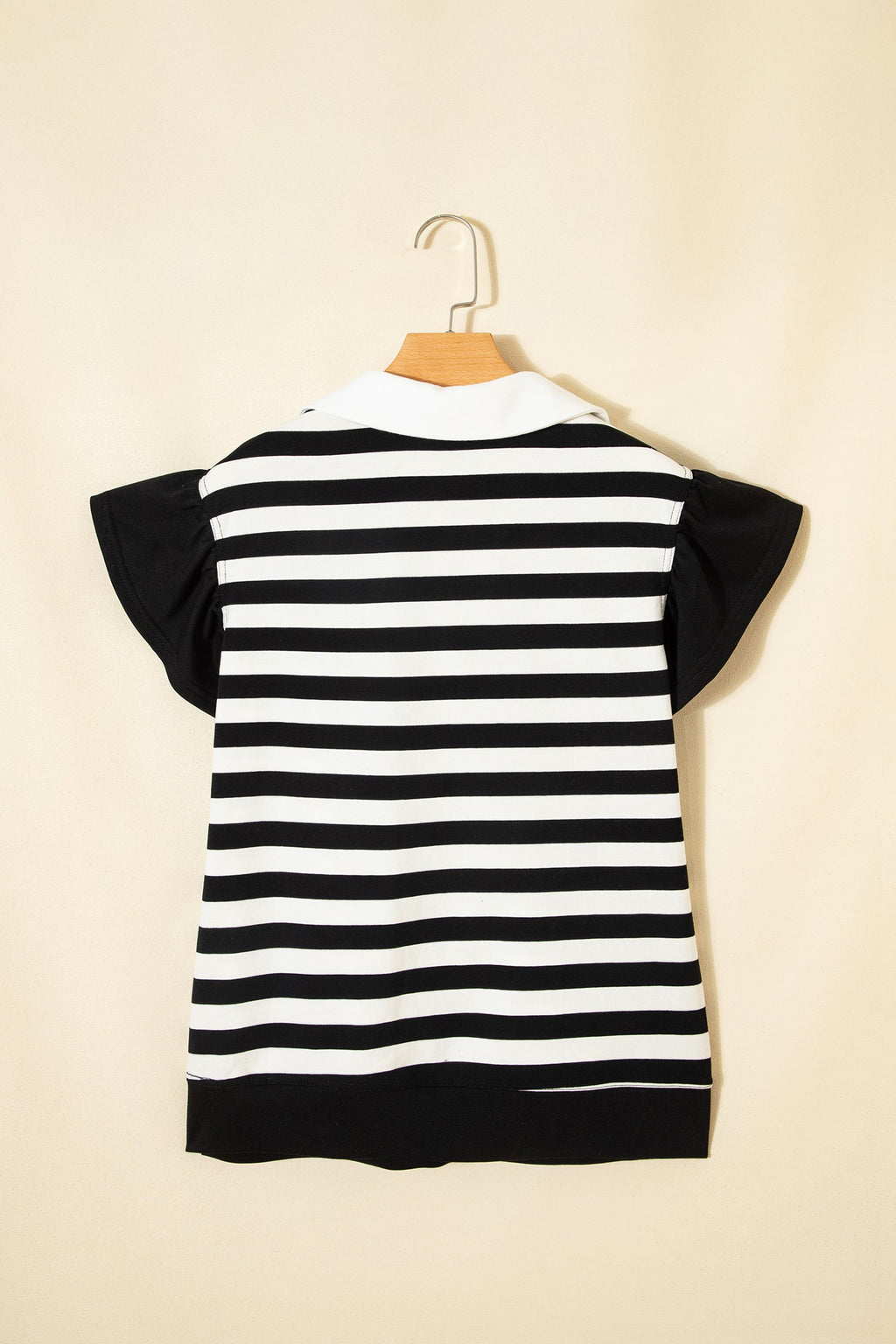 Stripe Collar V-Neck Ruffle Short Sleeve Blouse