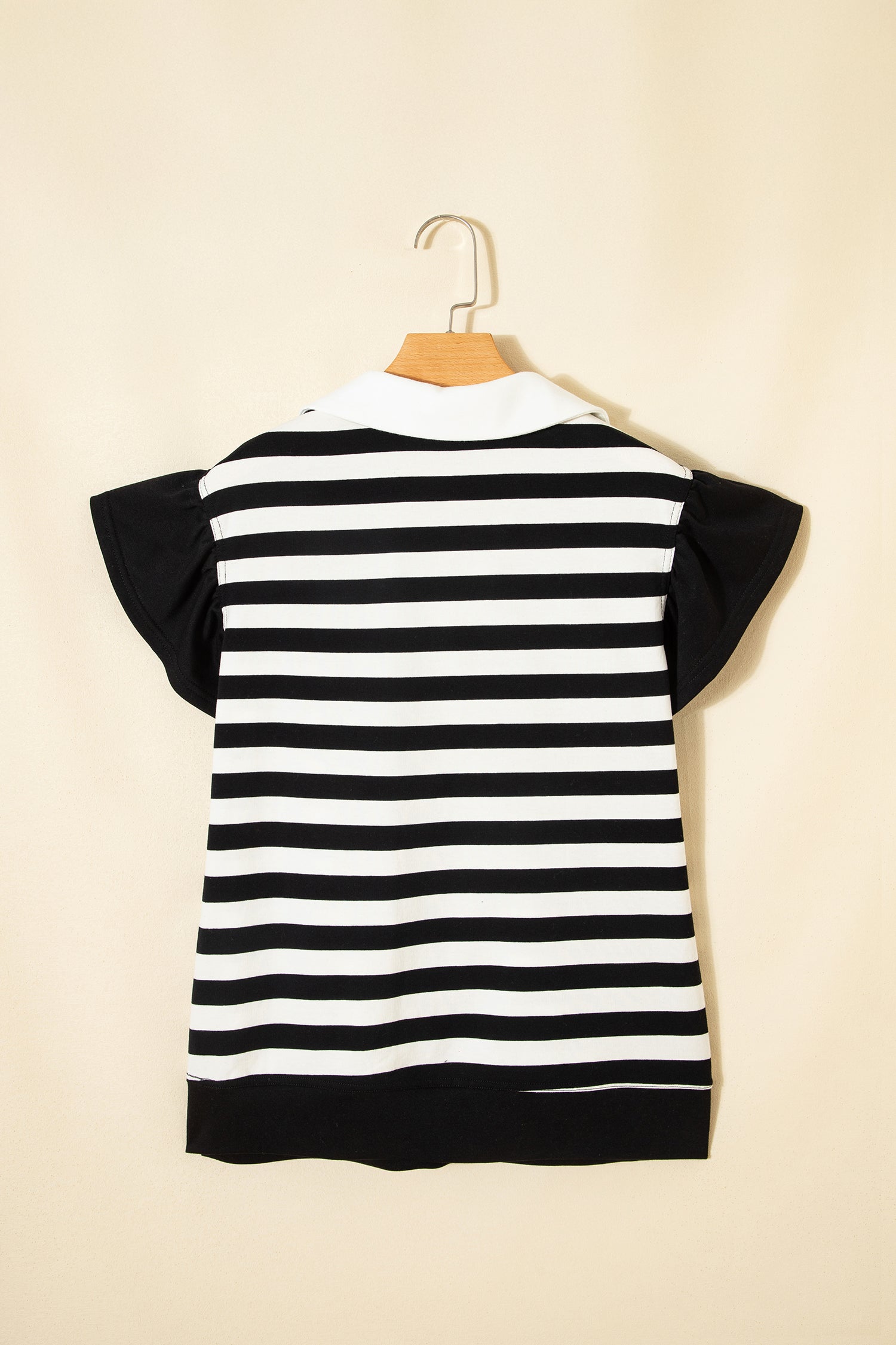 Stripe Collar V-Neck Ruffle Short Sleeve Blouse
