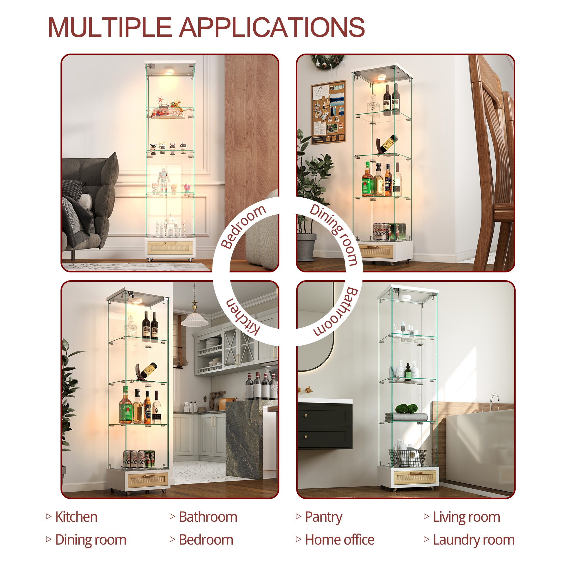 Modern Glass Display Cabinet with Drawer , Quick-assembly Antique Cabinet with LED lights, Tempered Glass Bookshelf,  1-Door Storage Case with 4 Shelves  for Living Room and Bedroom, white and natural