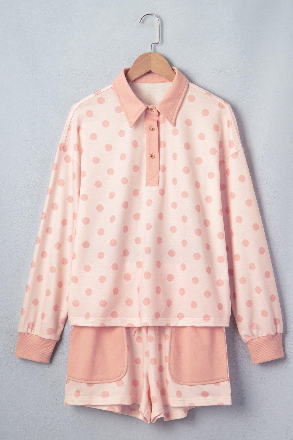 Polka Dot Polo Pullover & Elastic Waist Shorts Set