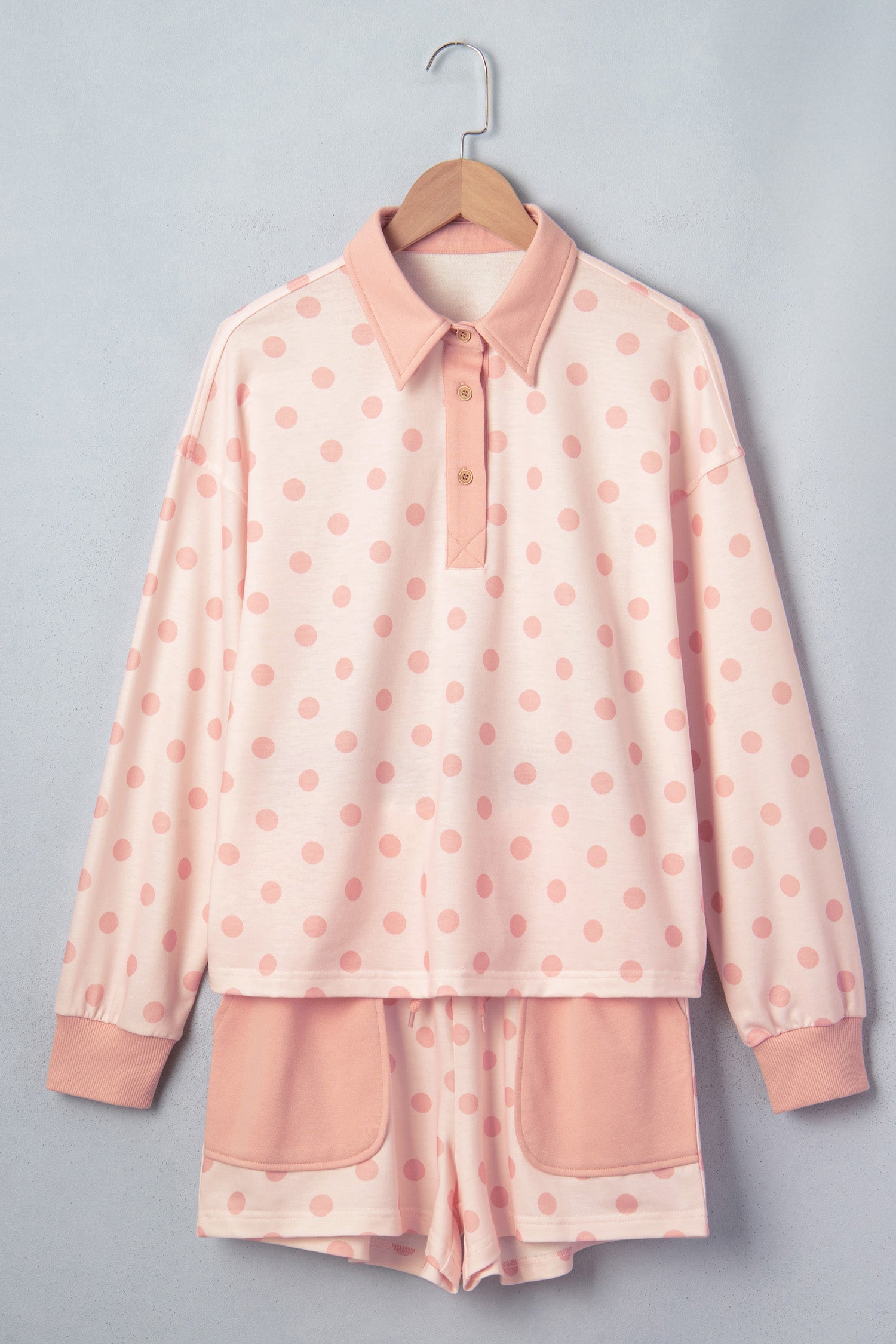 Polka Dot Polo Pullover & Elastic Waist Shorts Set