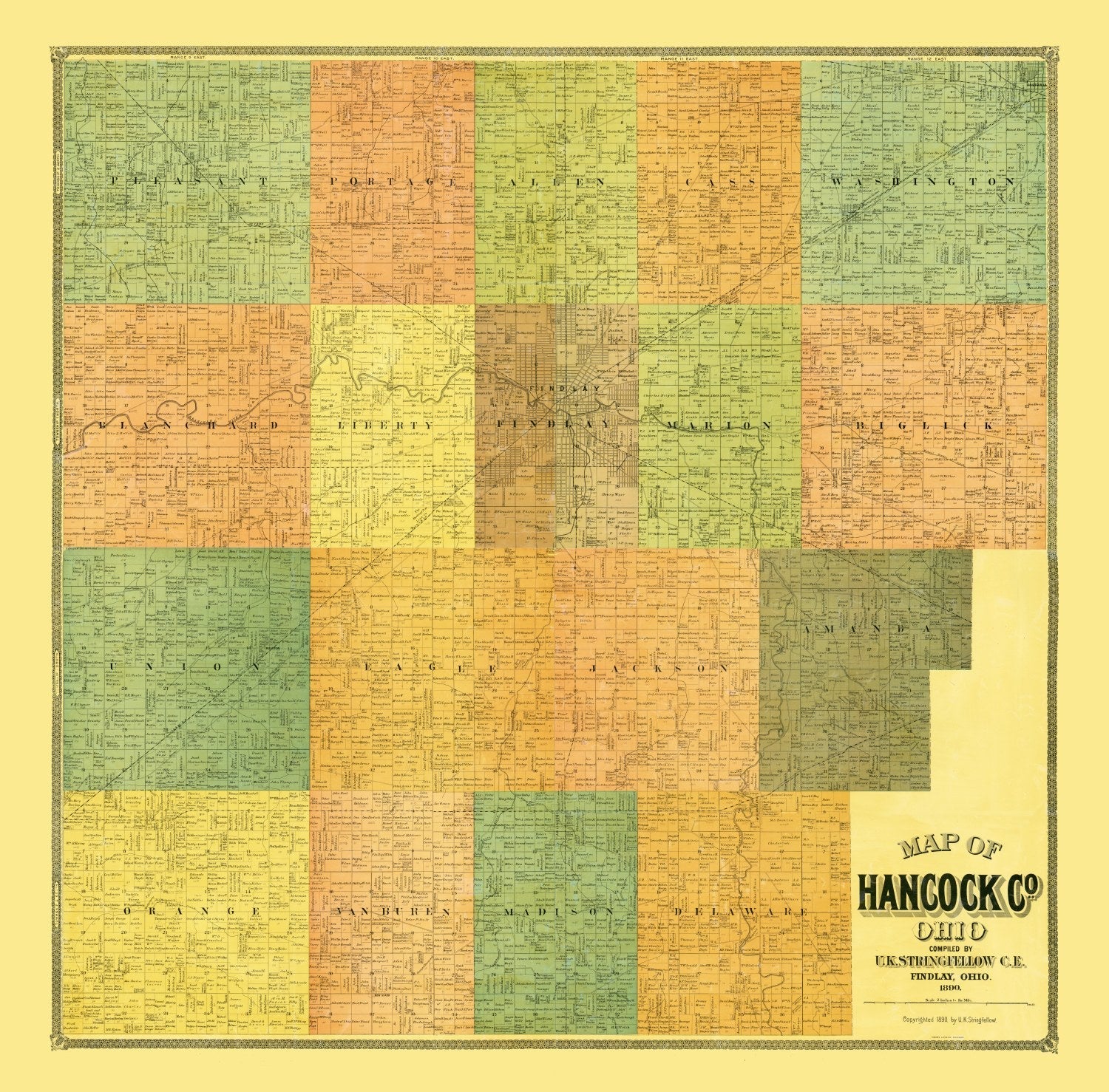 Vintage Map of Hancock County, Ohio 1890