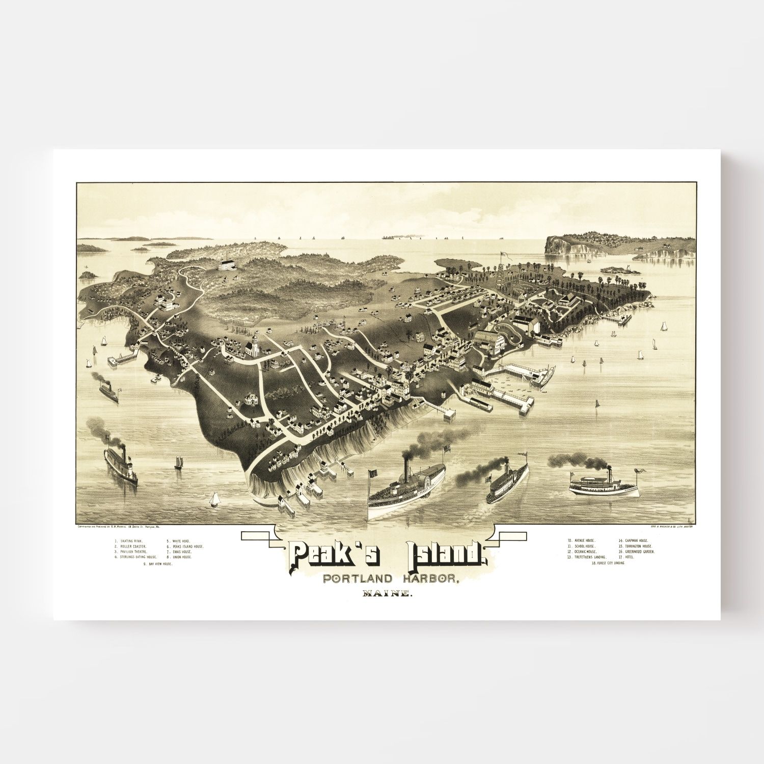 Vintage Map of Peak's Island, Maine 1886