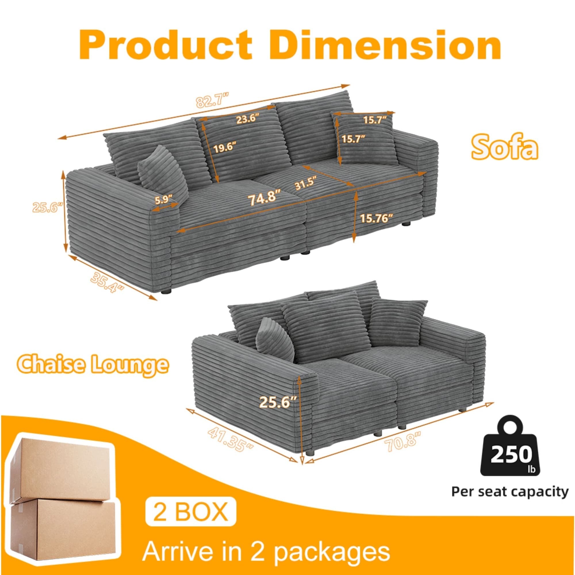 82.7 ' Plush Corduroy 3-Seat Sofa, Modern Comfy Upholstered Sofa Cloud Couch, Deep Seat Couches with Soft Pillows and 1 Ottomans, Convertible Sofa Lounge Chair, for Living Room,Apartment,Office,Grey