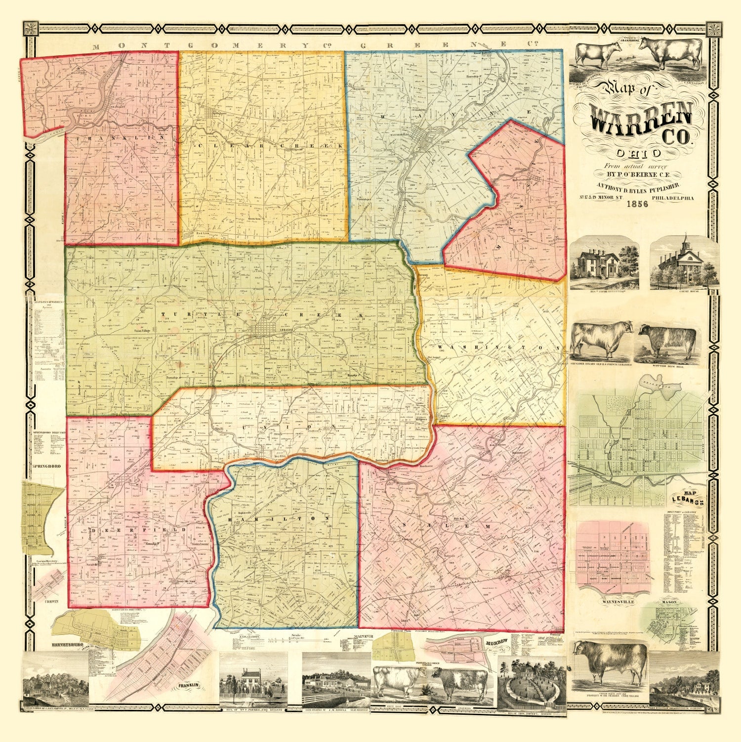 Vintage Map of Warren County, Ohio 1856