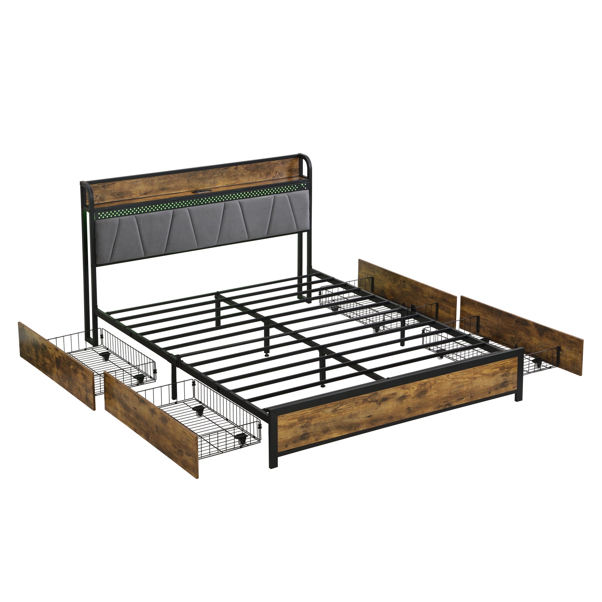 Modern Bed Frame With LED Lights, Upholstered Headboard, USB Charging
