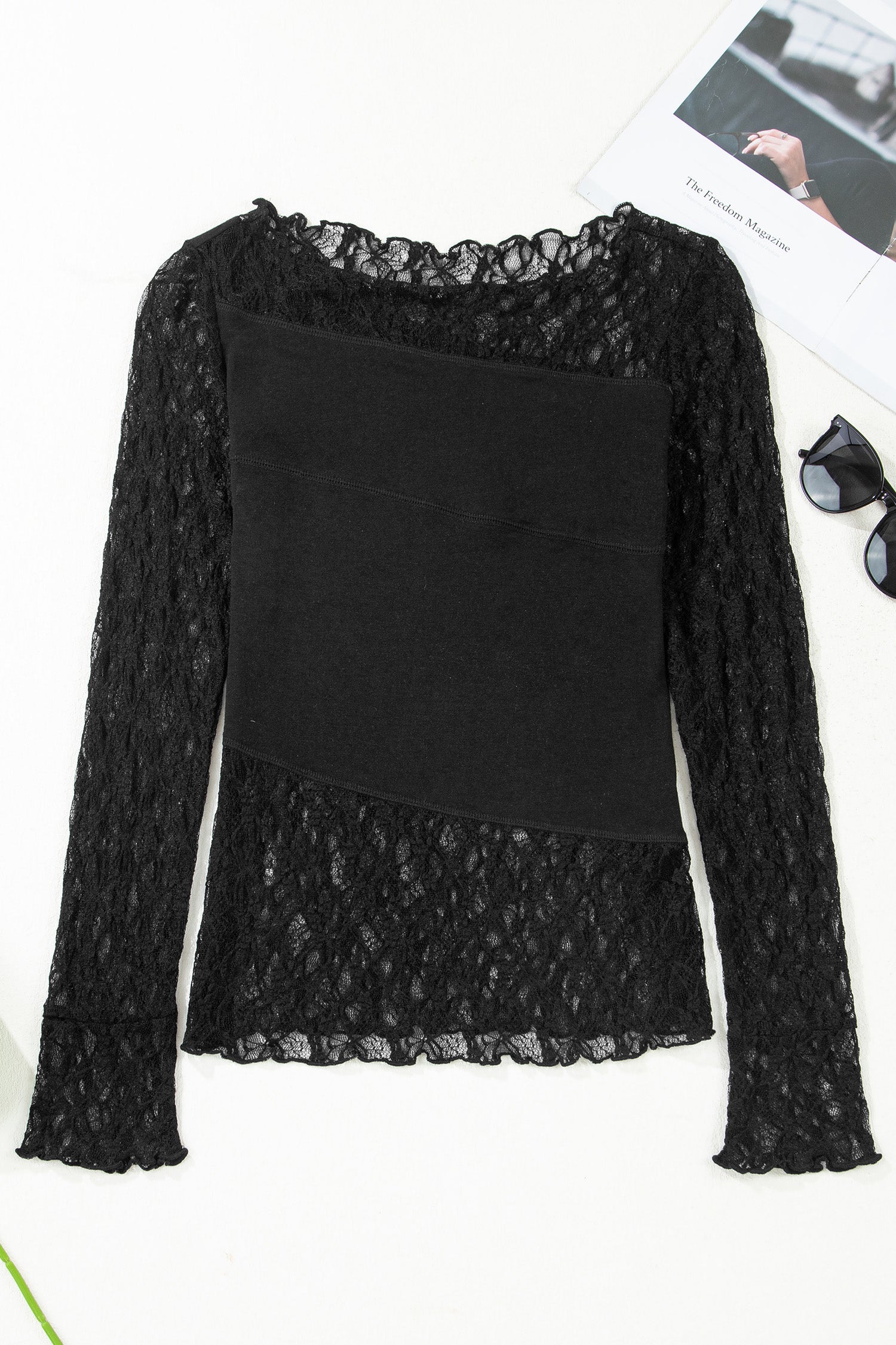 Floral Sheer Lace Patchwork Asymmetric Top