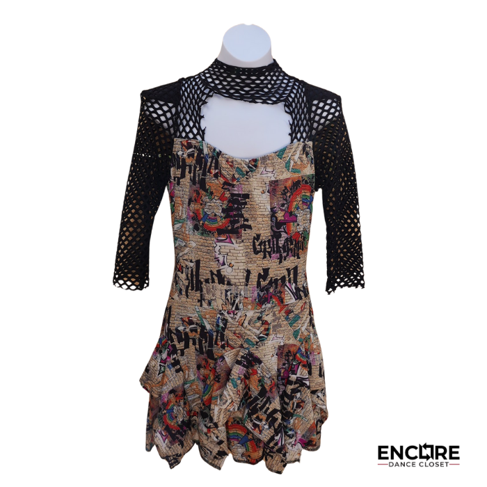 Graffiti-Print Lycra Dress with Fishnet Accent