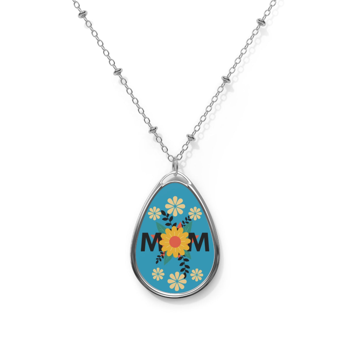 Mom with Yellow Flowers on Teal Background Oval Pendant & Chain Necklace