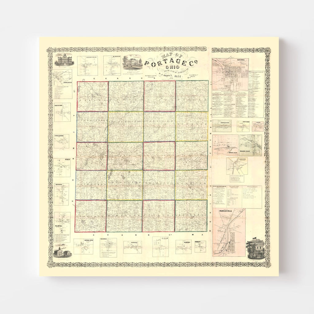 Vintage Map of Portage County, Ohio 1857