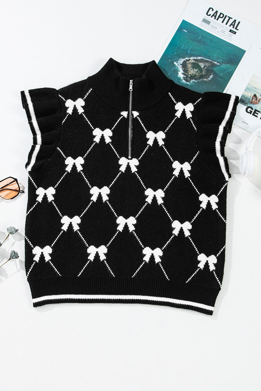 Valentine Bow Quarter-Zip Short Sleeve Sweater