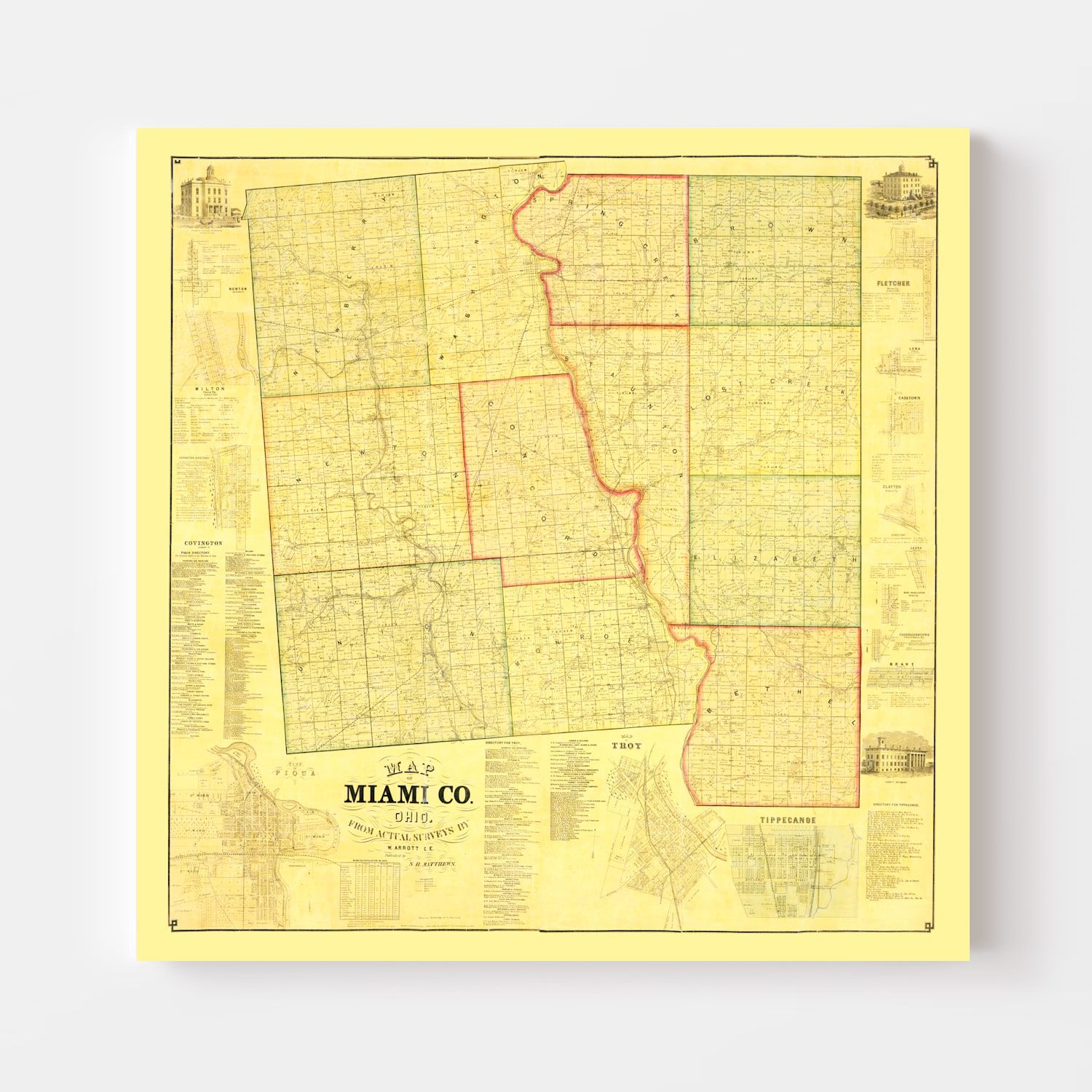 Vintage Map of Miami County, Ohio 1858