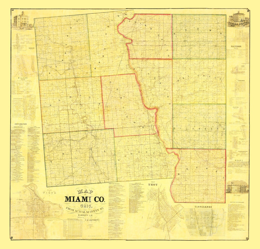 Vintage Map of Miami County, Ohio 1858