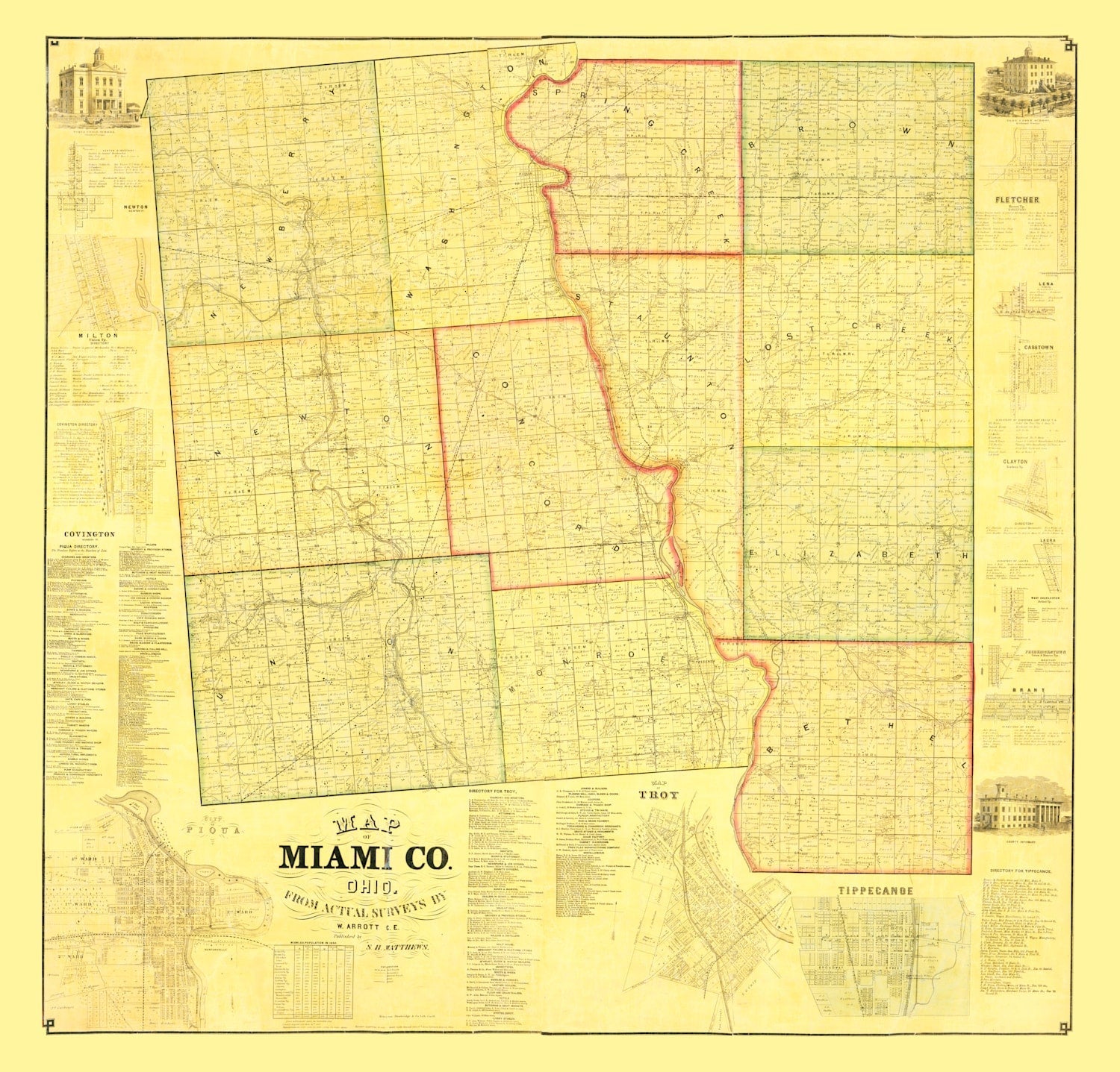 Vintage Map of Miami County, Ohio 1858