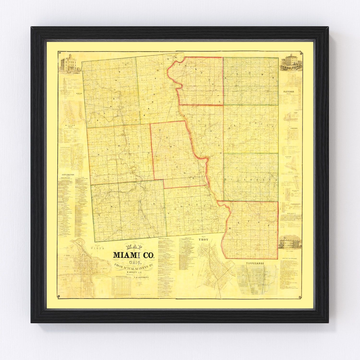 Vintage Map of Miami County, Ohio 1858
