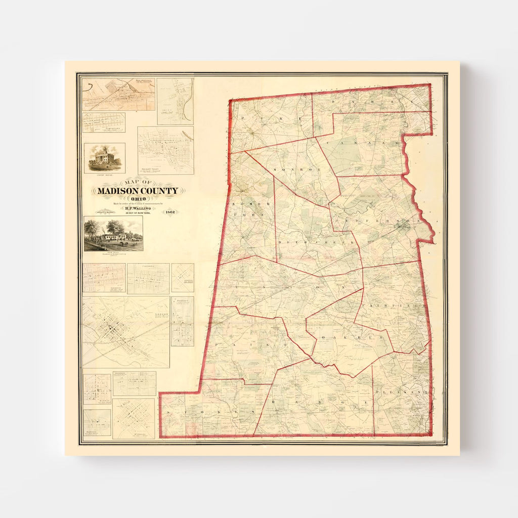 Vintage Map of Madison County, Ohio 1862