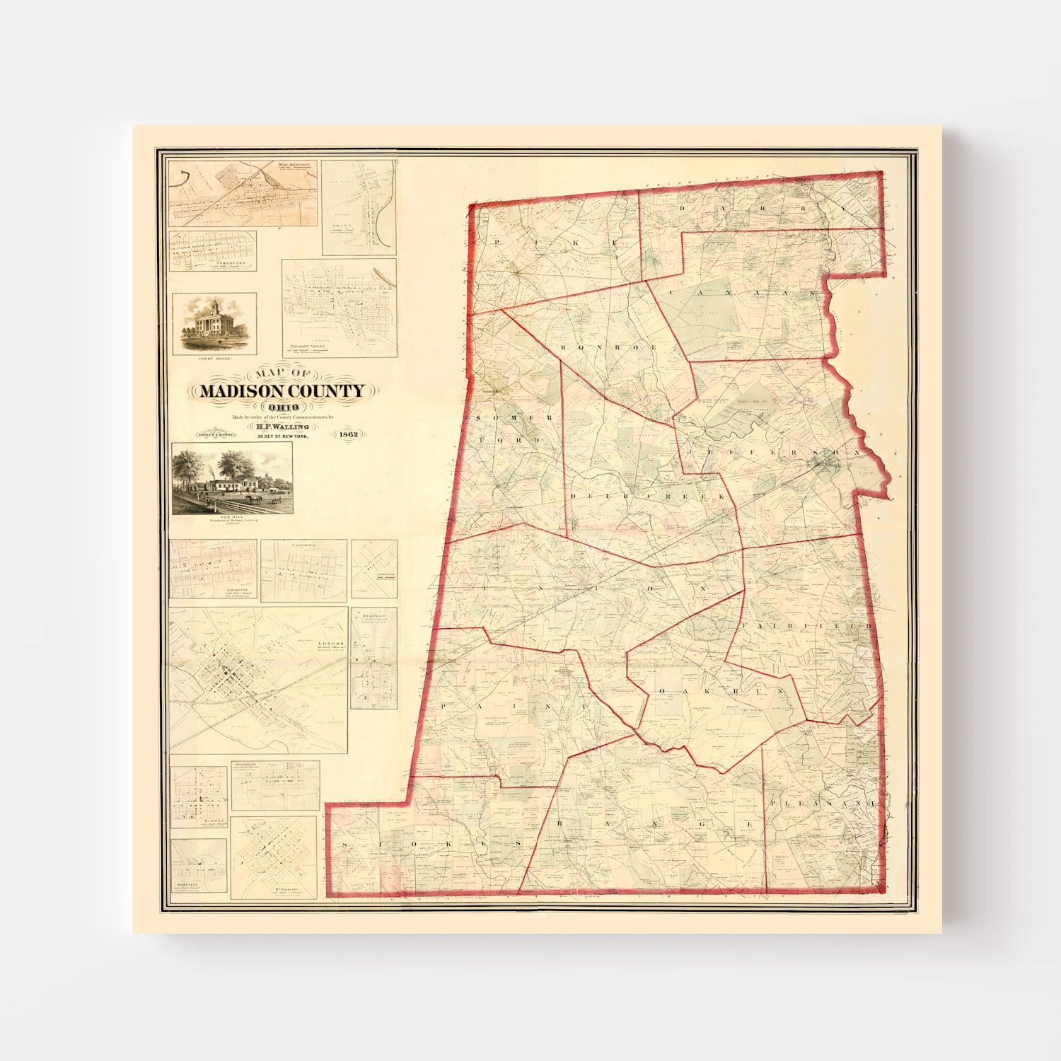 Vintage Map of Madison County, Ohio 1862