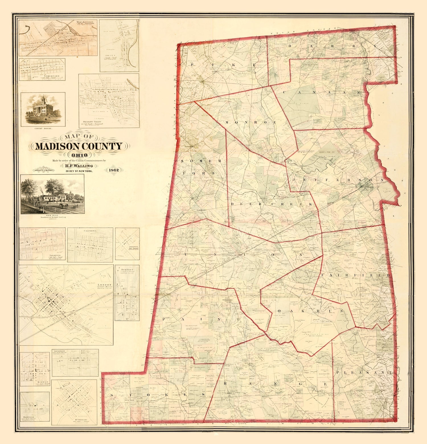 Vintage Map of Madison County, Ohio 1862