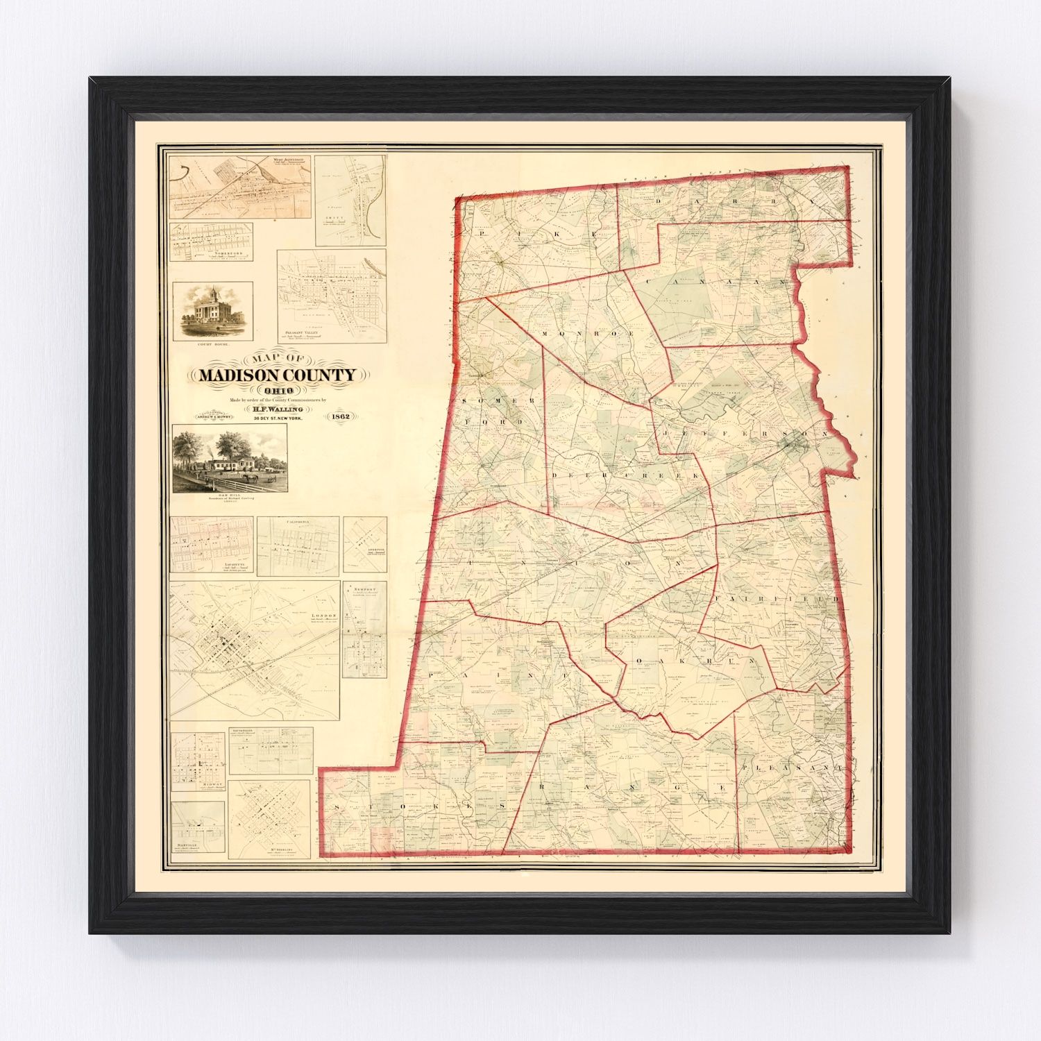 Vintage Map of Madison County, Ohio 1862