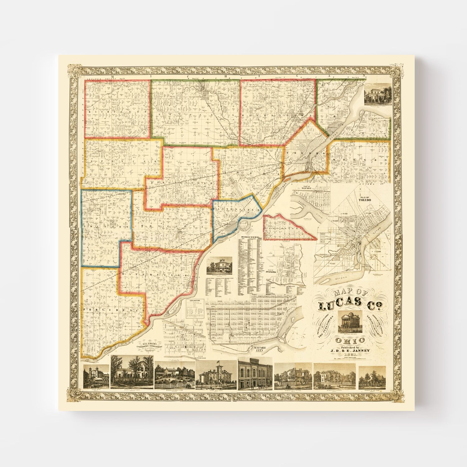 Vintage Map of Lucas County, Ohio 1861